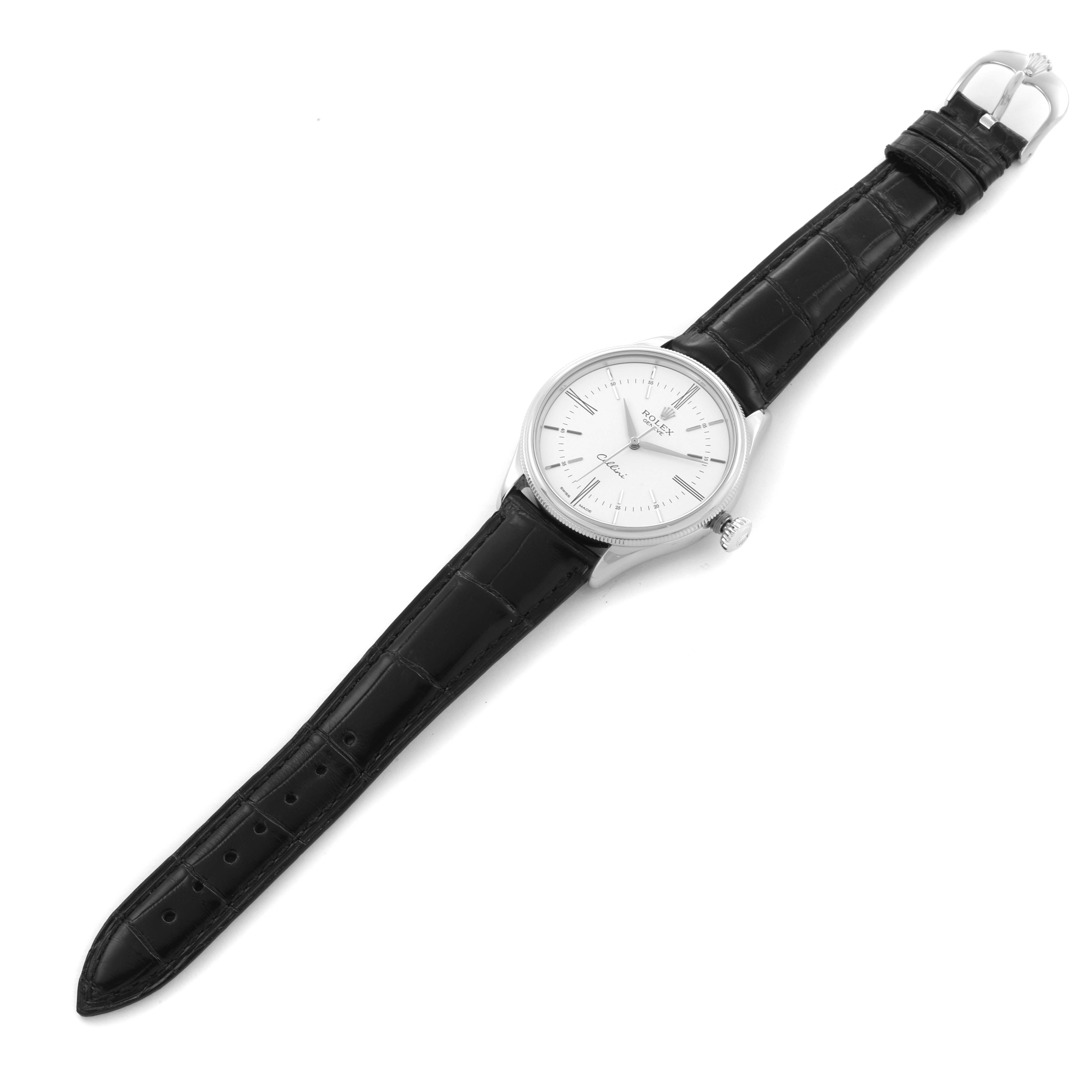 The image shows a Rolex Cellini 50509 Men's White Gold White Dial 50509 Men's White Gold White Dial watch from a top-down angle, displaying the full watch face, leather strap, and buckle.