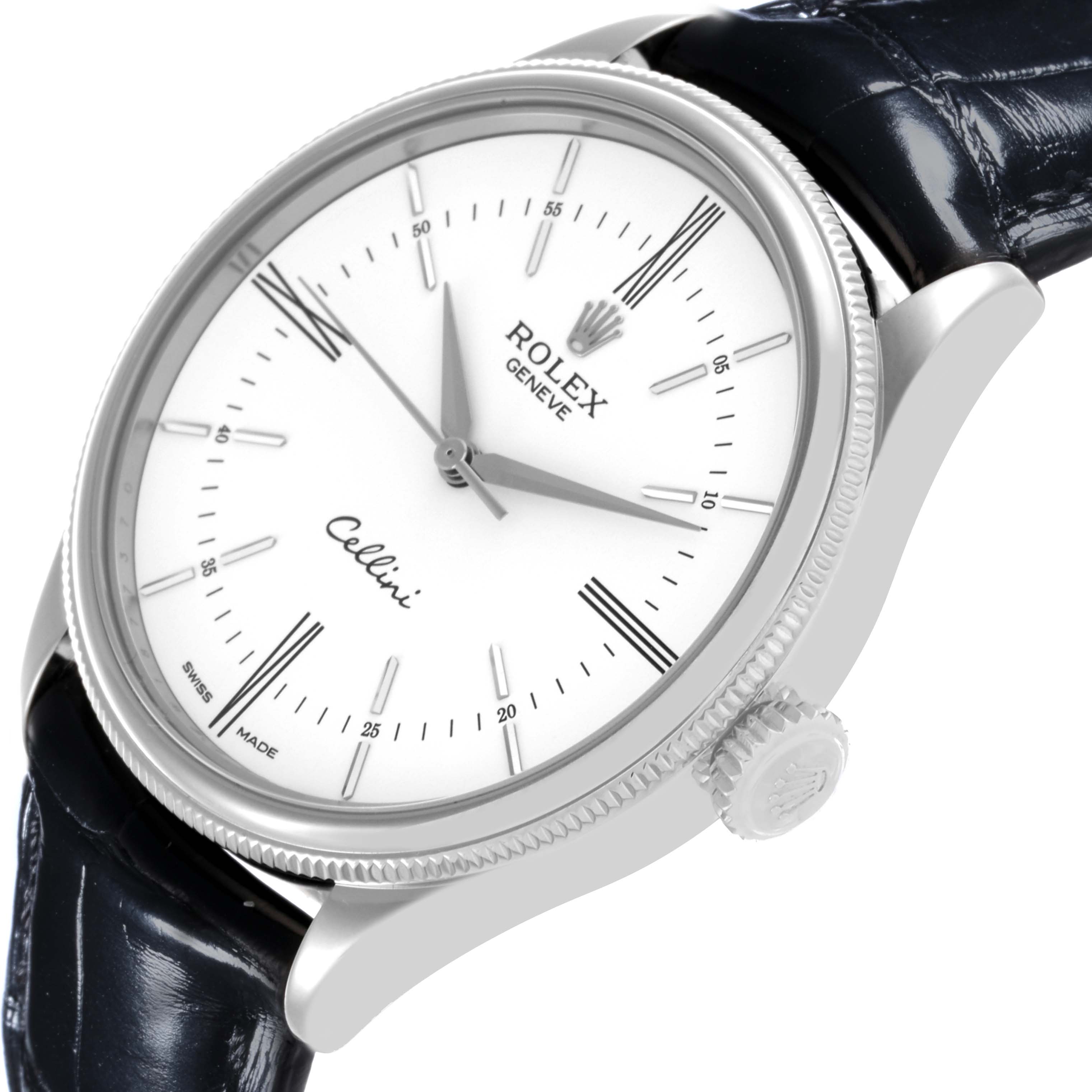 The Rolex Cellini 50509 Men's White Gold White Dial 50509 Men's White Gold White Dial watch is shown at a side angle, highlighting the face, bezel, crown, and black leather strap.