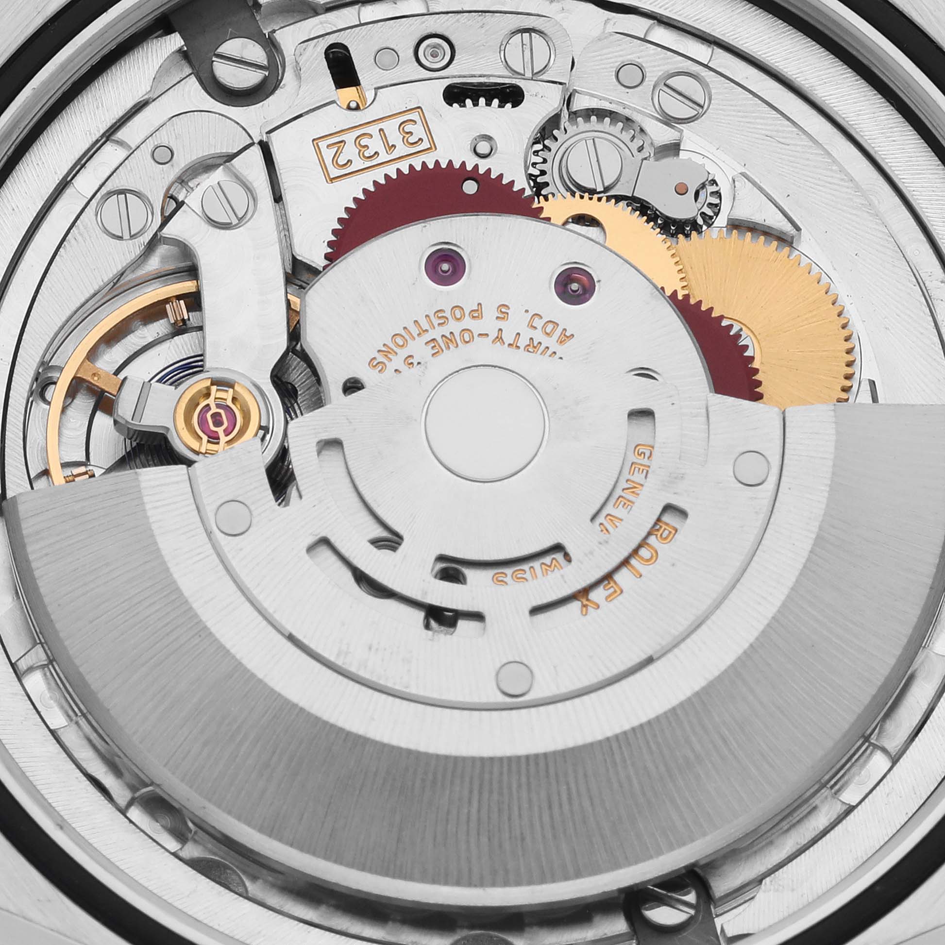 The image shows a close-up of the Rolex Cellini 50509 Men's White Gold White Dial 50509 Men's White Gold White Dial watch movement, displaying gears and mechanisms from the back.