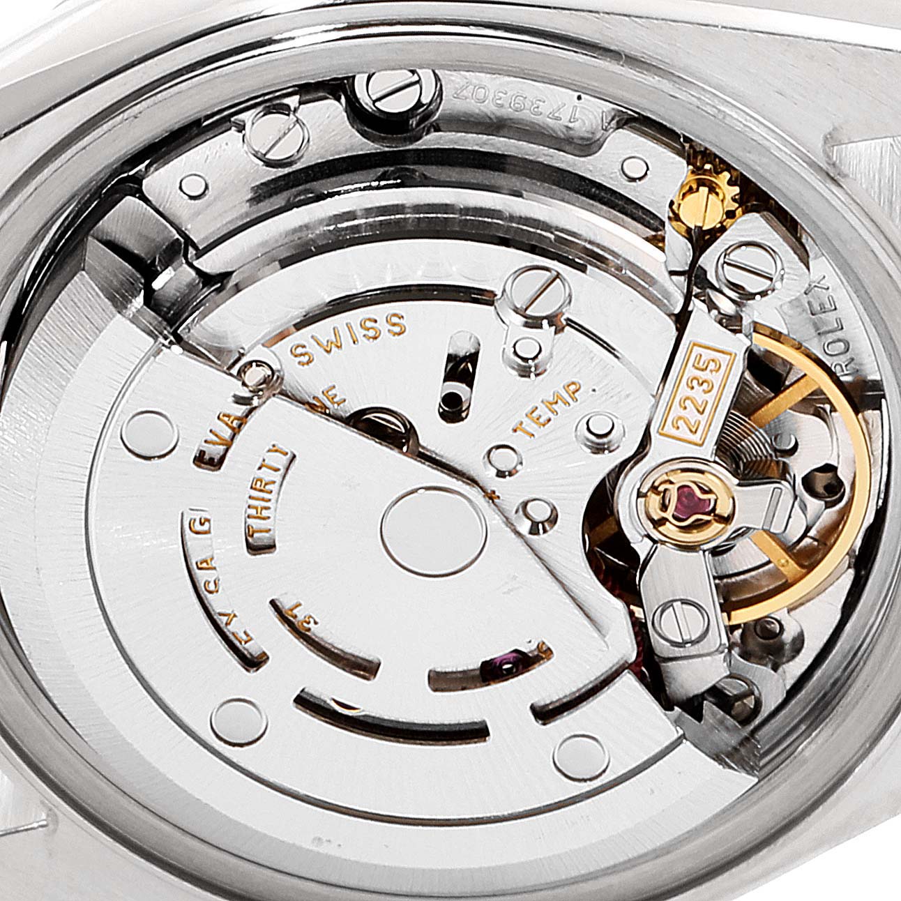 This image shows the intricate movement and internal mechanisms of a Rolex Date 79160 Women
s Stainless Steel Pink Dial 79160 Women
s Stainless Steel Pink Dial watch.