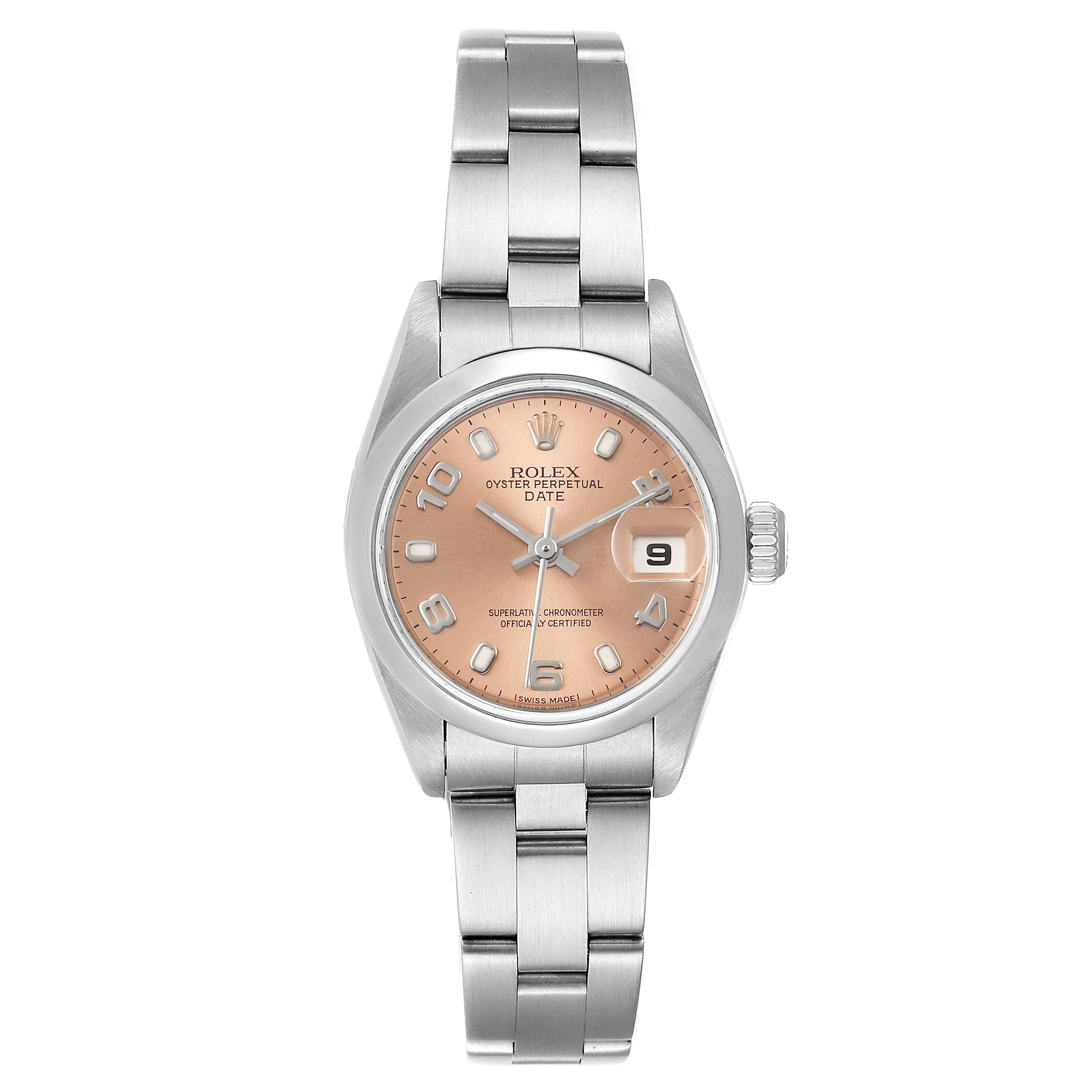 The image shows a Rolex Date 79160 Women
s Stainless Steel Pink Dial 79160 Women
s Stainless Steel Pink Dial model watch from a straight-on angle, displaying the face, bezel, crown, and bracelet.