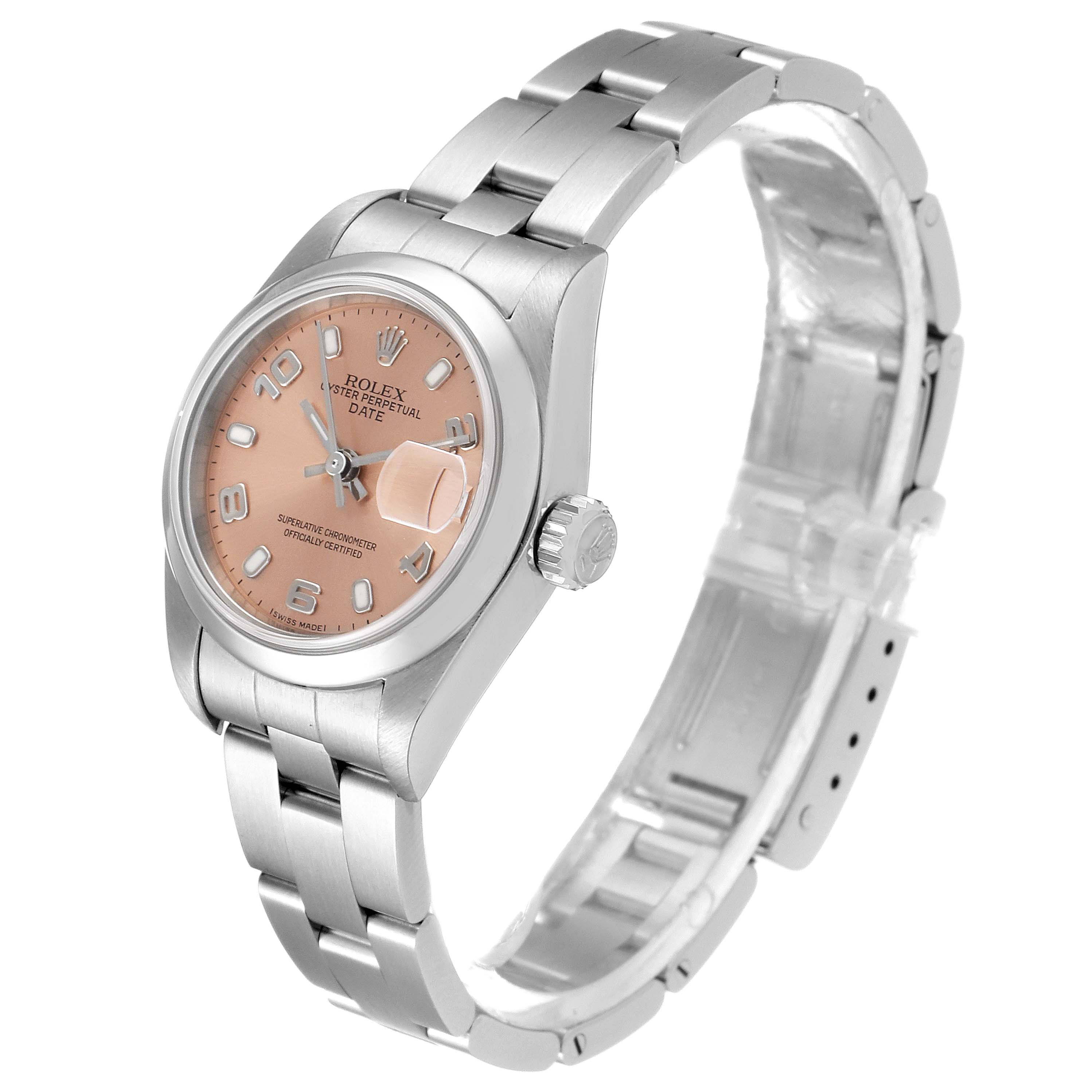 This image shows the front and side view of a Rolex Date 79160 Women
s Stainless Steel Pink Dial 79160 Women
s Stainless Steel Pink Dial model watch with its bracelet and crown.