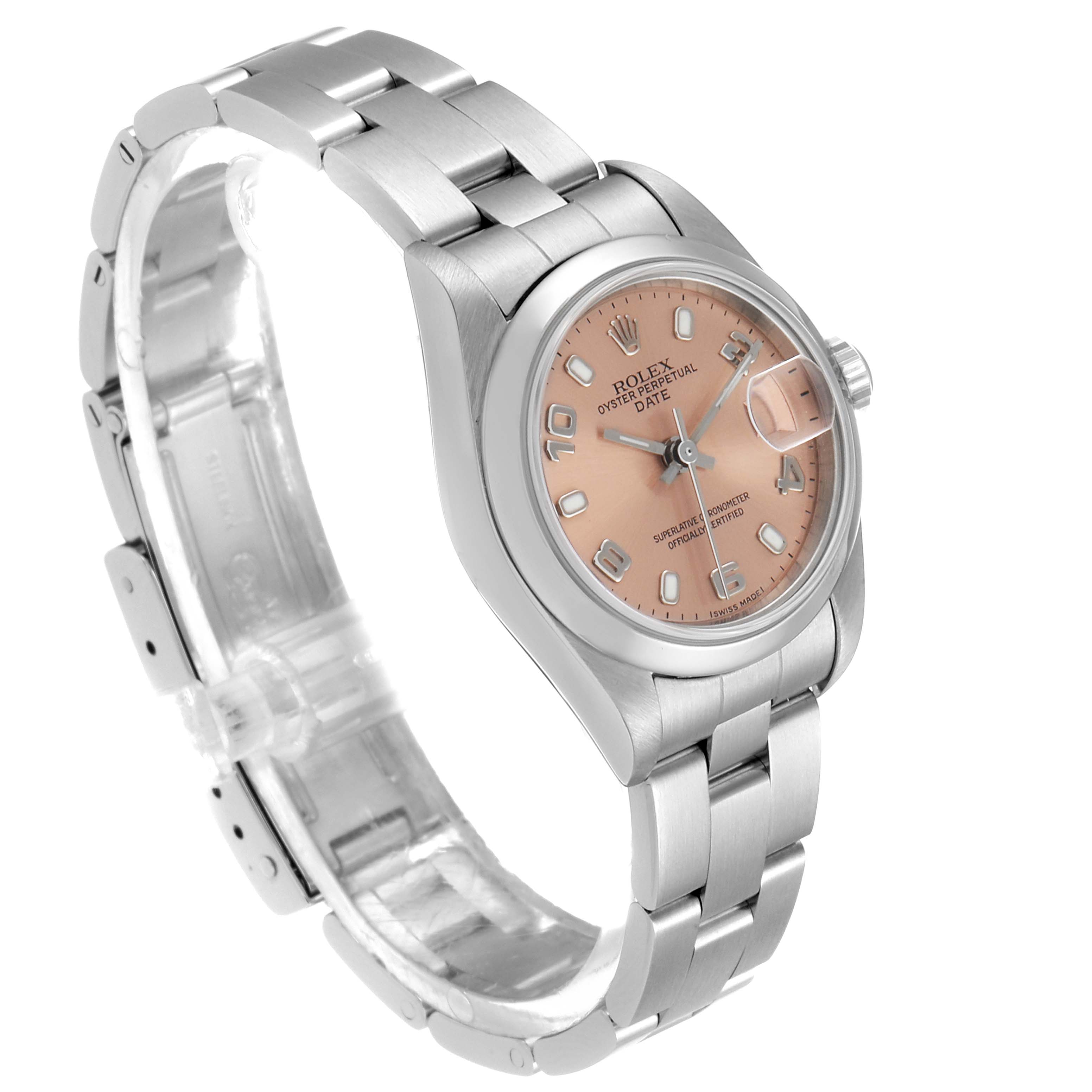 The image shows a Rolex Date 79160 Women
s Stainless Steel Pink Dial 79160 Women
s Stainless Steel Pink Dial watch at a front angle, highlighting the dial, bezel, bracelet, and clasp.