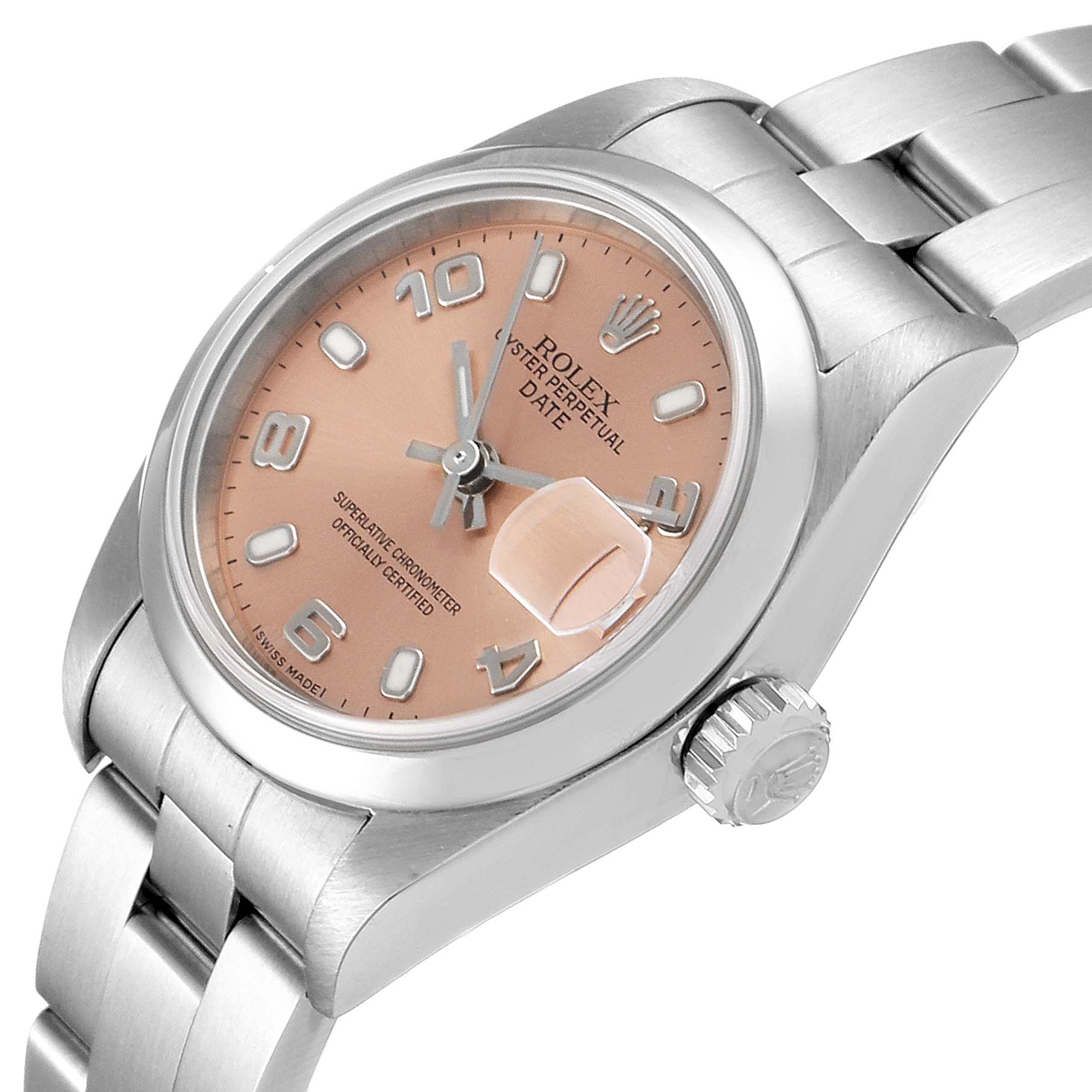 The image shows a side angle of a Rolex Date 79160 Women
s Stainless Steel Pink Dial 79160 Women
s Stainless Steel Pink Dial model watch, highlighting its dial, crown, and part of the bracelet.