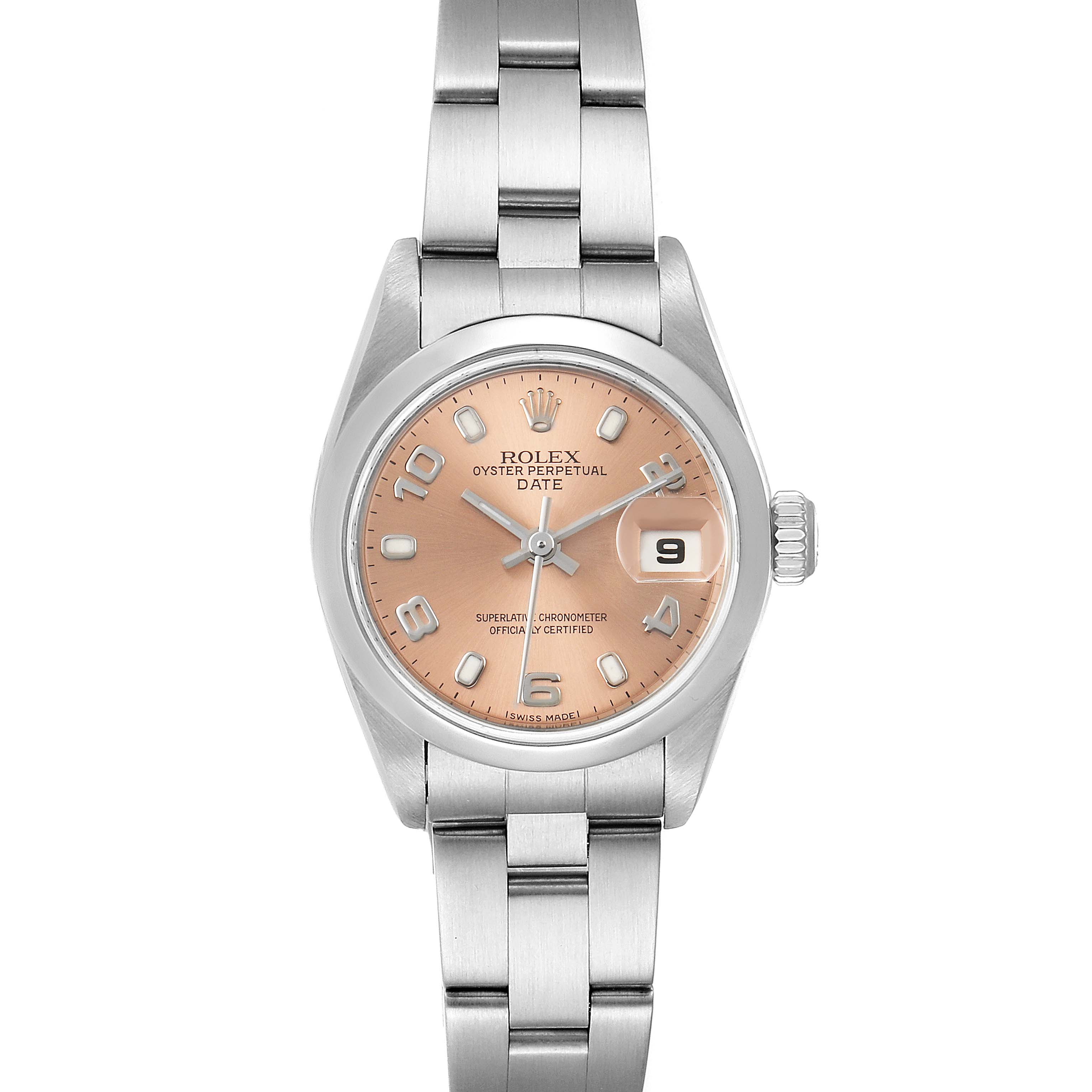 This image shows a front view of the Rolex Oyster Perpetual Date watch, highlighting its dial, bezel, bracelet, and date display.