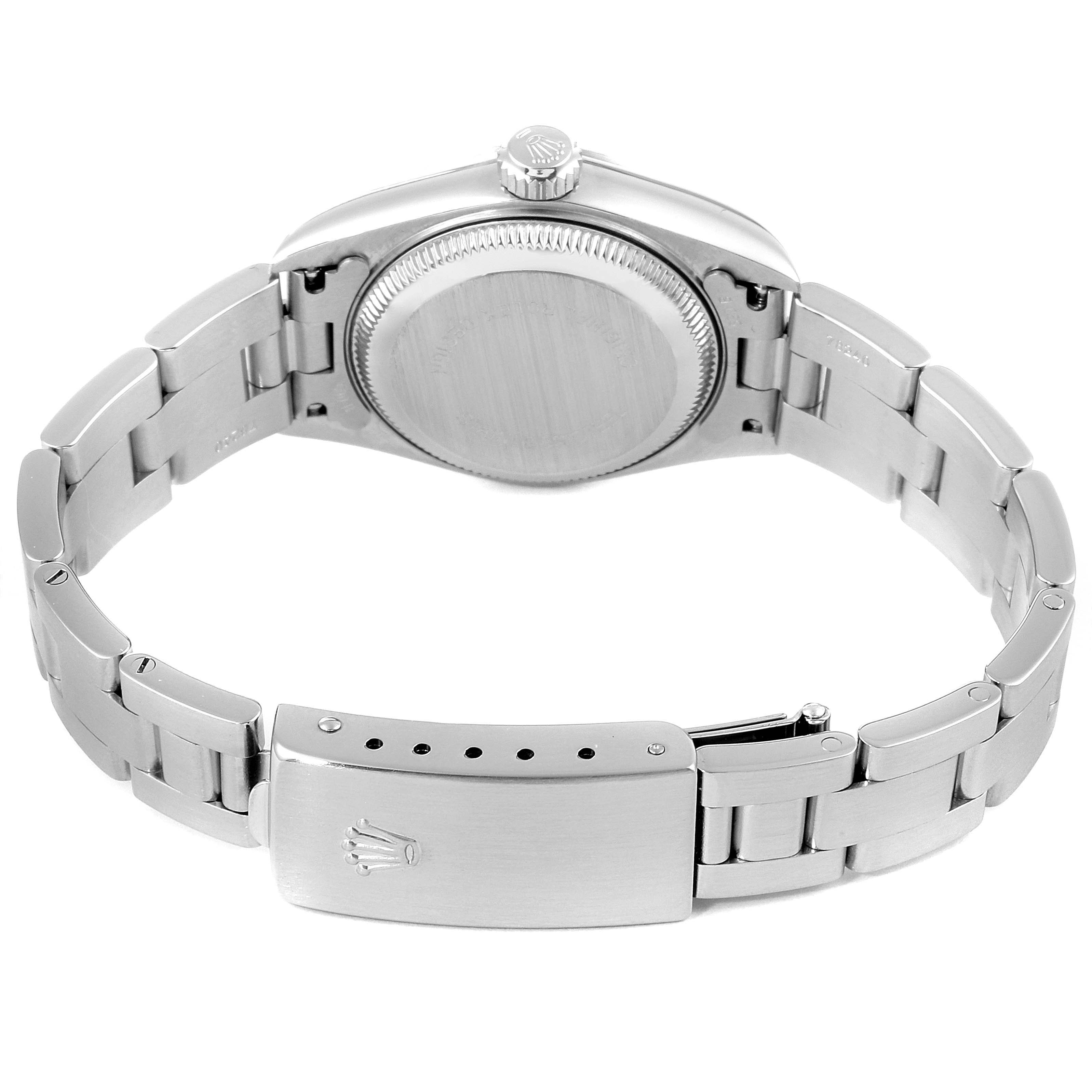 This image shows the back view and bracelet of a Rolex Date 79160 Women
s Stainless Steel Pink Dial 79160 Women
s Stainless Steel Pink Dial model watch, including the case back, crown, and clasp.