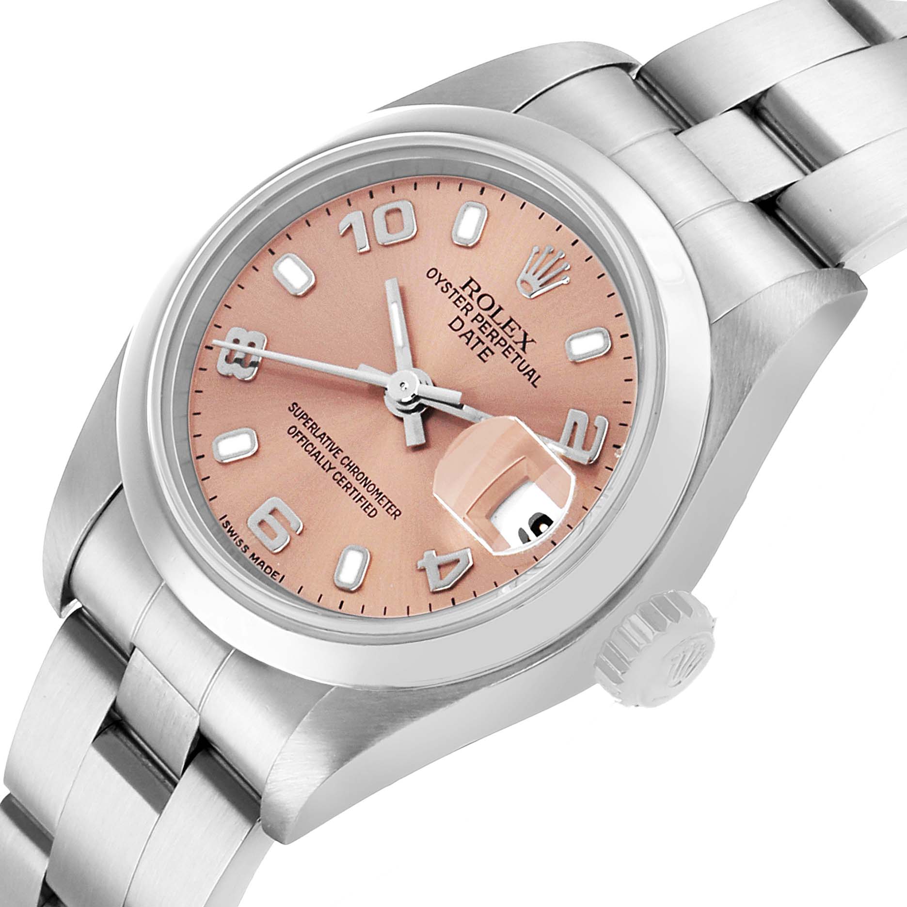 The image shows a Rolex Date 79160 Women's Stainless Steel Pink Dial model from an angled view, highlighting the dial, bezel, crown, and bracelet.