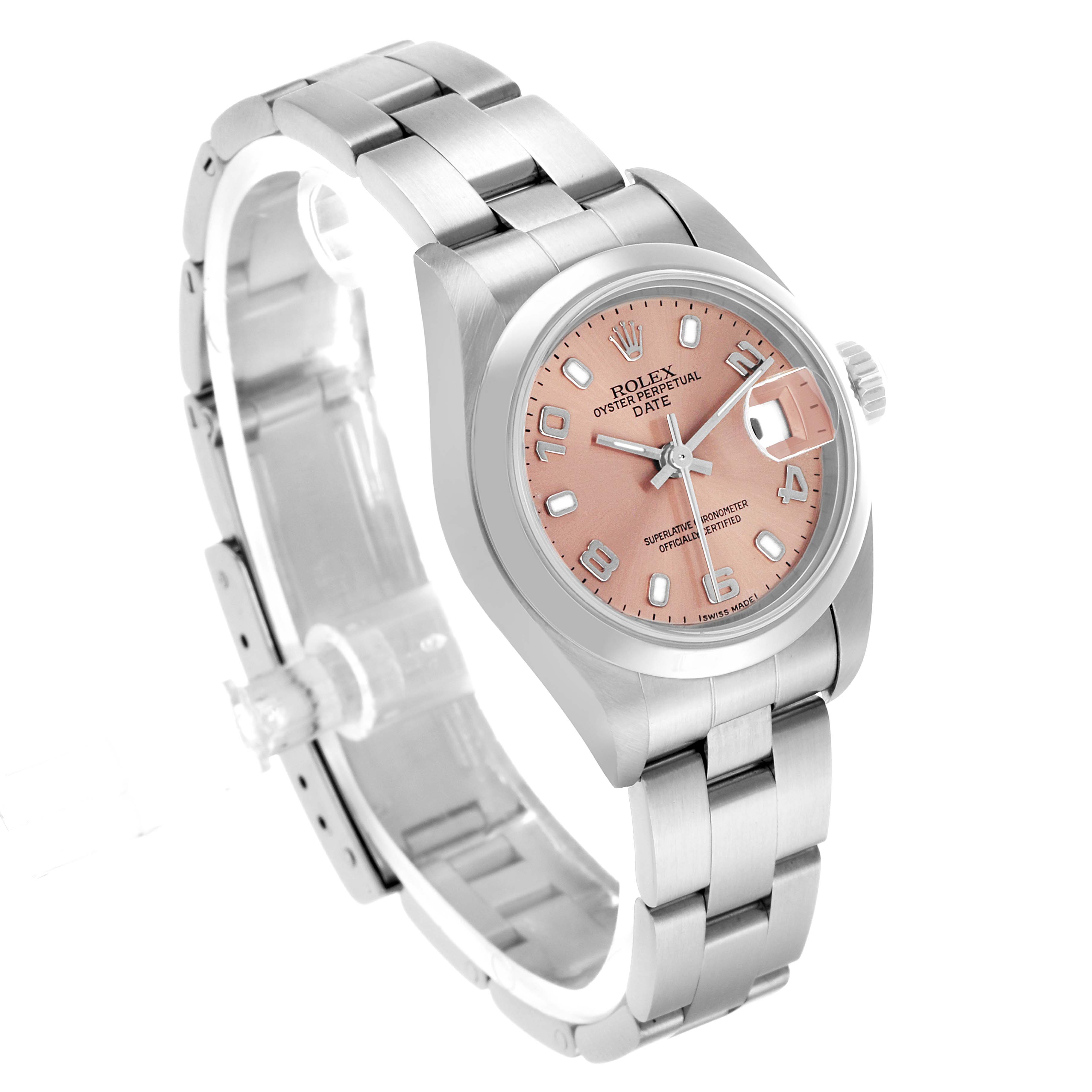 The Rolex Date 79160 Women's Stainless Steel Pink Dial watch is shown at a three-quarter angle, displaying the dial, bezel, case, bracelet, and crown.