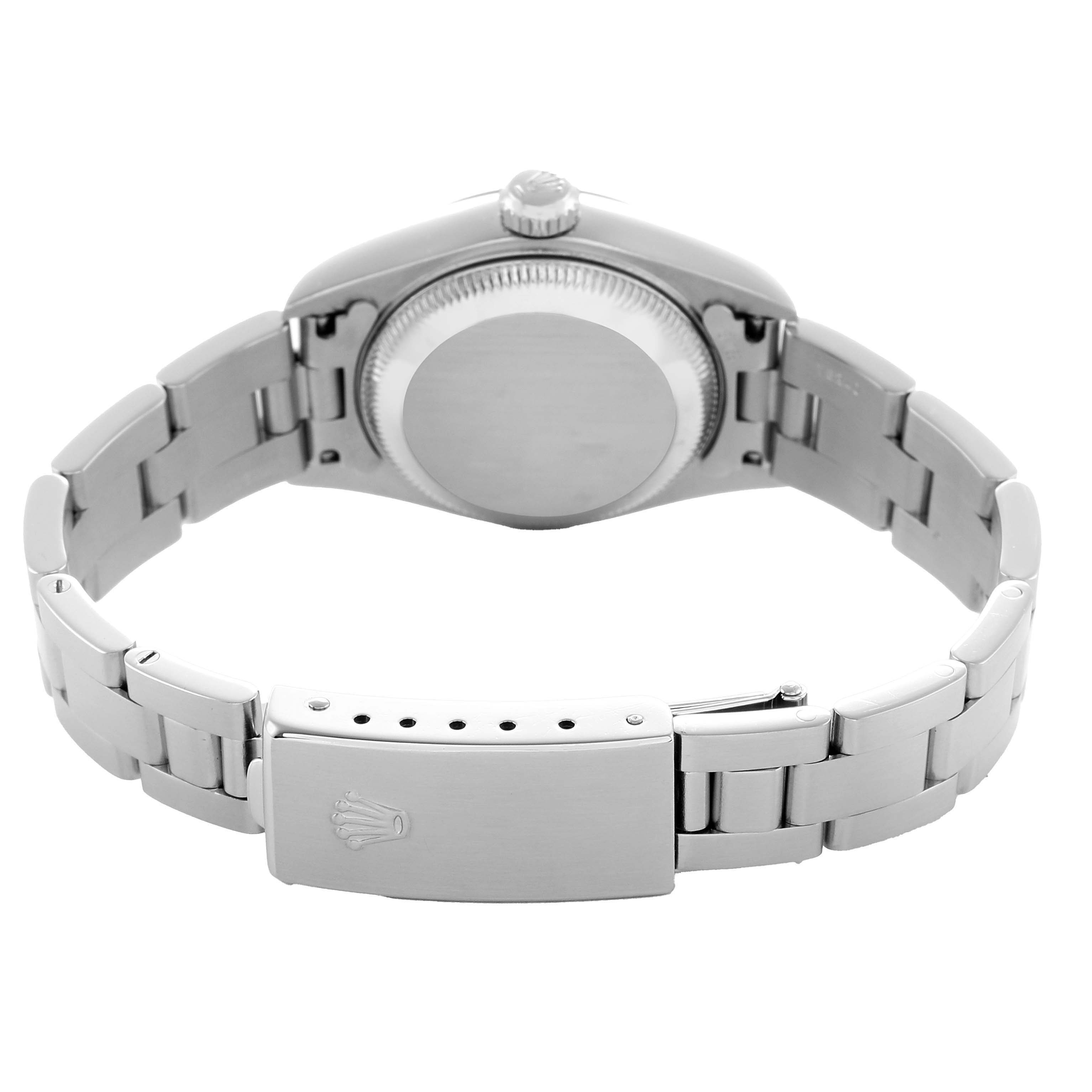 The image shows the Rolex Date 79160 Women's Stainless Steel Pink Dial model from a rear angle, highlighting the case back, bracelet, and clasp.