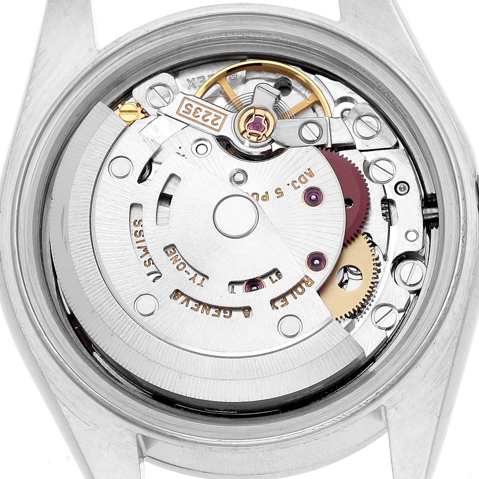 The image shows the movement of a Rolex Date 79160 Women's Stainless Steel Pink Dial model watch from a top-down angle, highlighting gears and components.