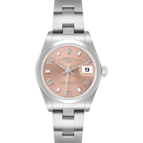 The Rolex Date 79160 Women's Stainless Steel Pink Dial watch is shown from a front angle, displaying its face, bezel, bracelet, and crown.