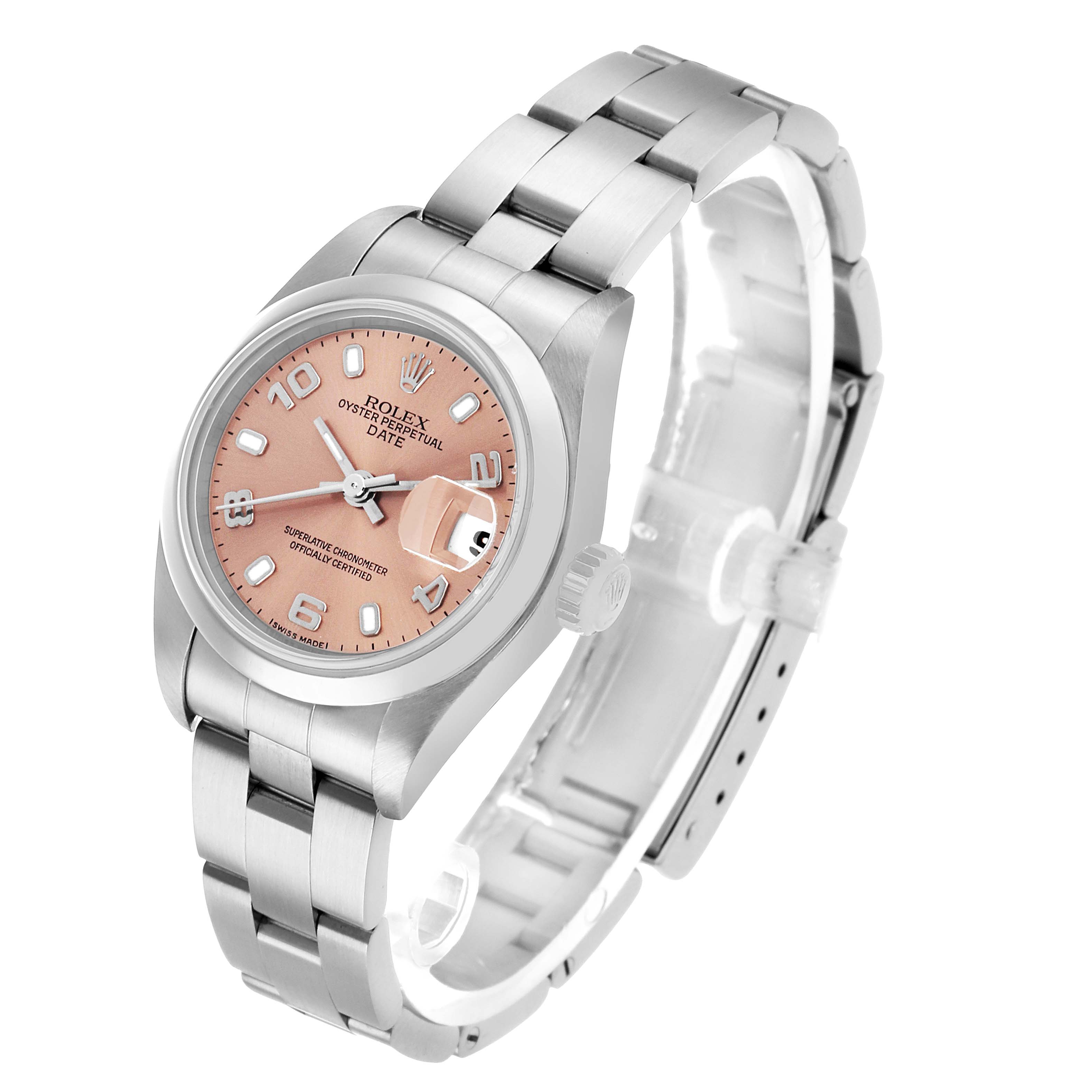 The Rolex Date 79160 Women's Stainless Steel Pink Dial watch is shown at an angle displaying the dial, case, bracelet, and partially the crown.