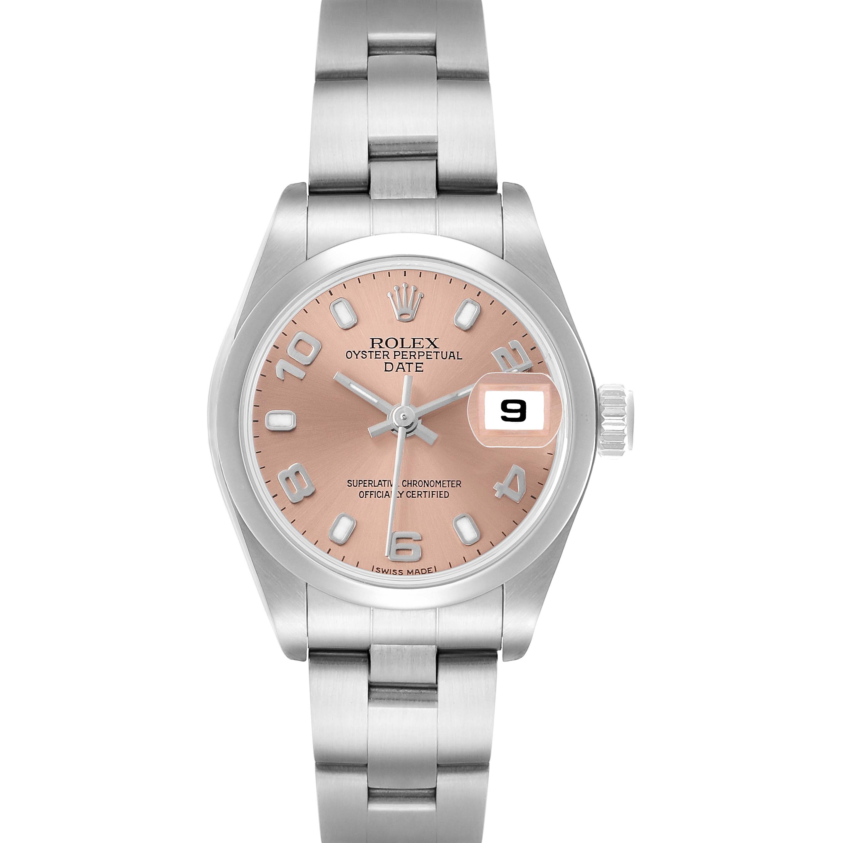 The image shows a front view of the Rolex Date 79160 Women's Stainless Steel Pink Dial model watch, highlighting its dial, bezel, bracelet, and date window.