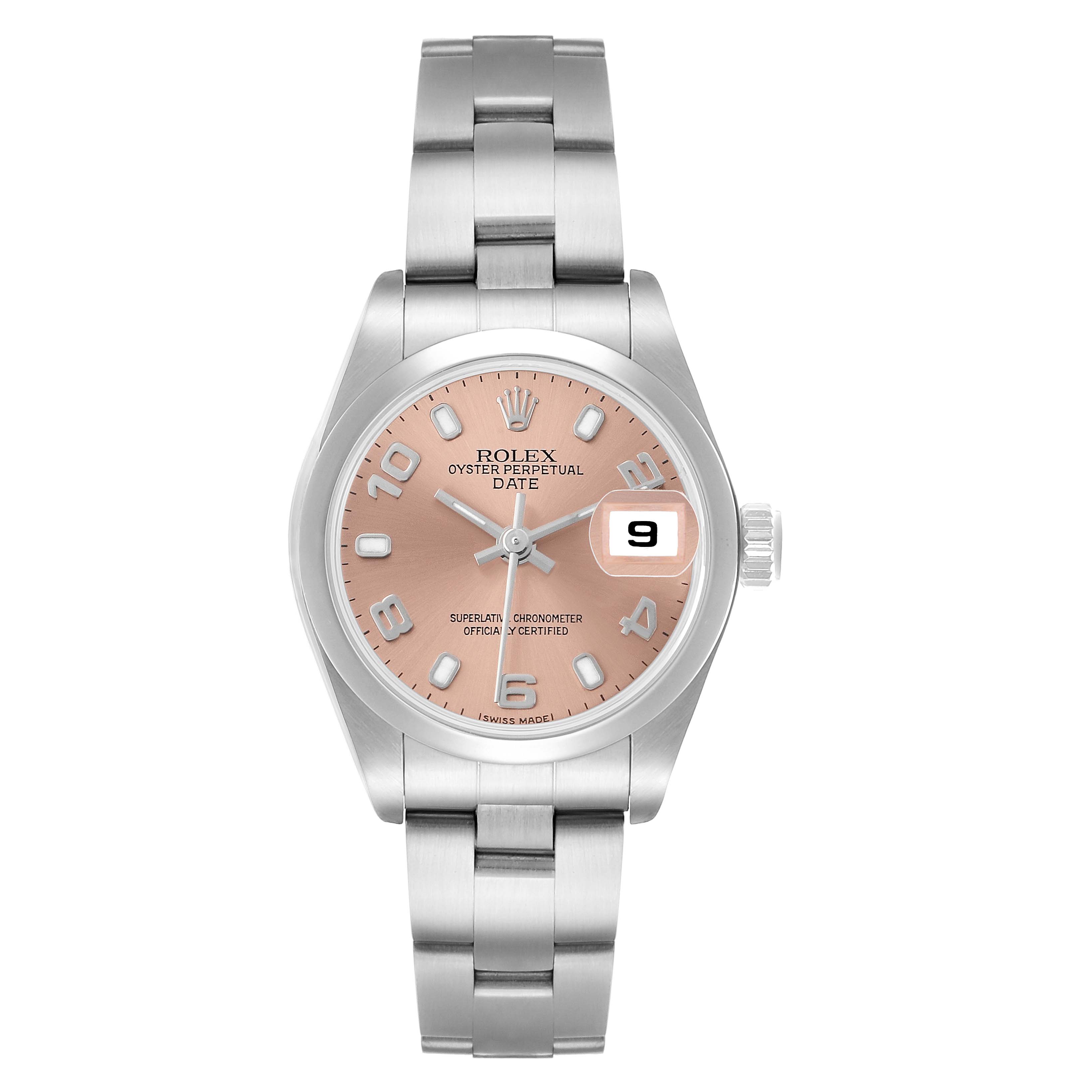 The Rolex Date 79160 Women's Stainless Steel Pink Dial watch is shown from the front, displaying its face, bracelet, and date window.