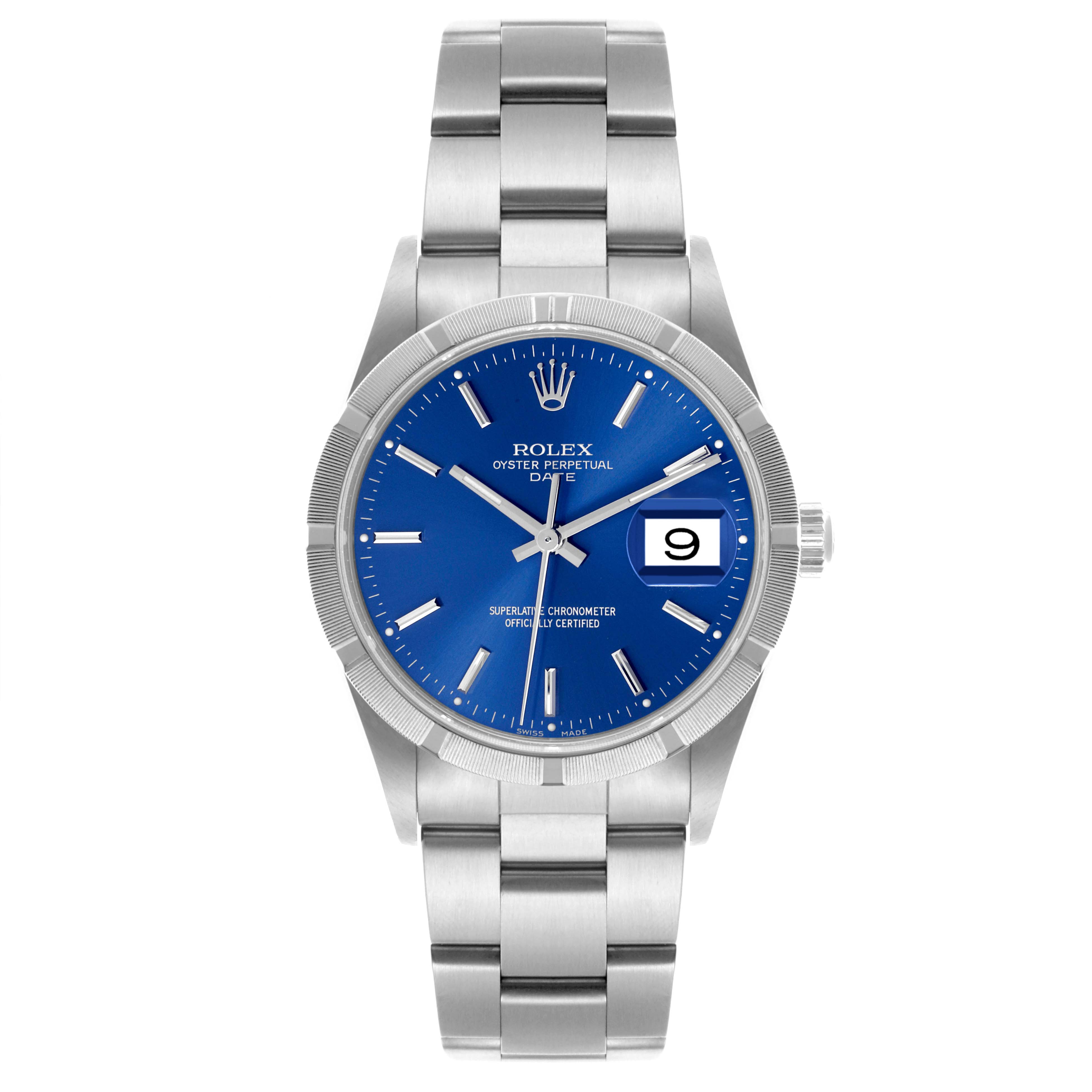 The Rolex Date 15210 Men's Stainless Steel Blue Dial 15210 Men's Stainless Steel Blue Dial model is shown from a front angle, displaying the dial, bezel, hands, bracelet, and date function.