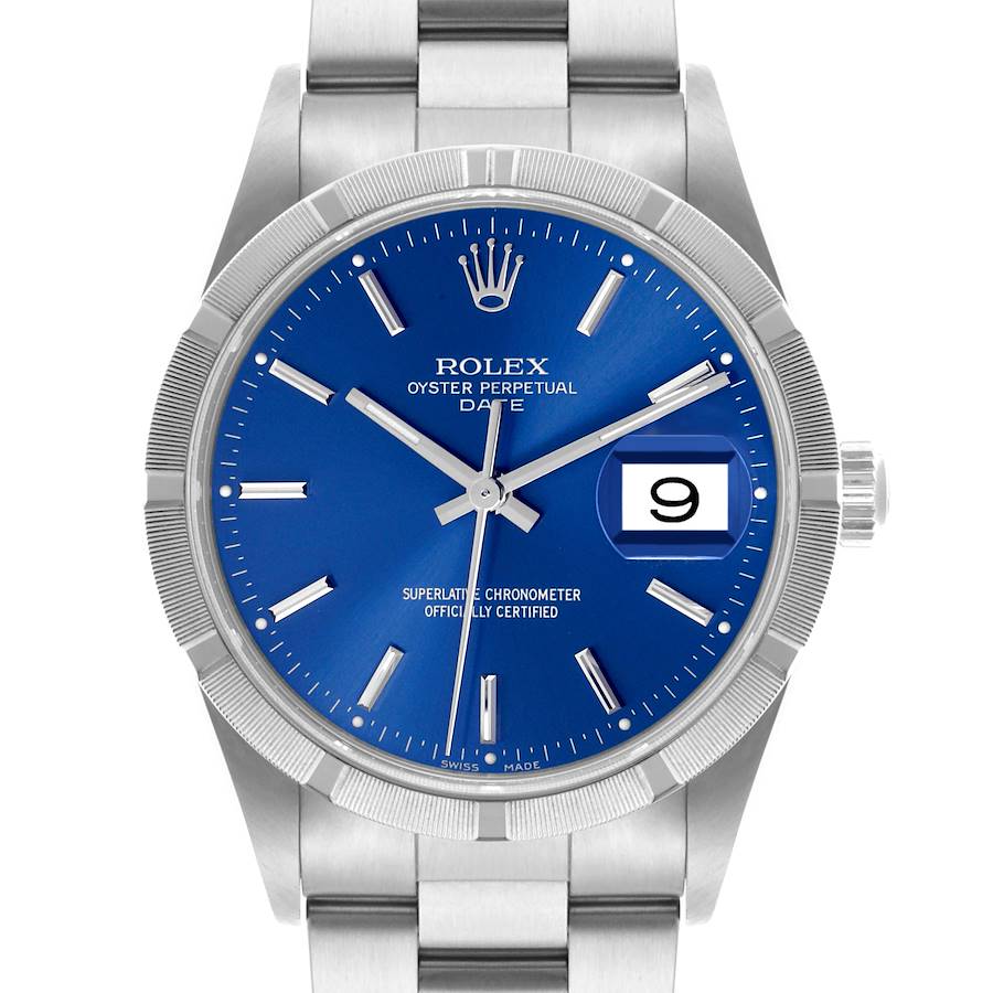 The Rolex Date watch is shown from a frontal angle, highlighting the dial, bezel, and part of the bracelet.