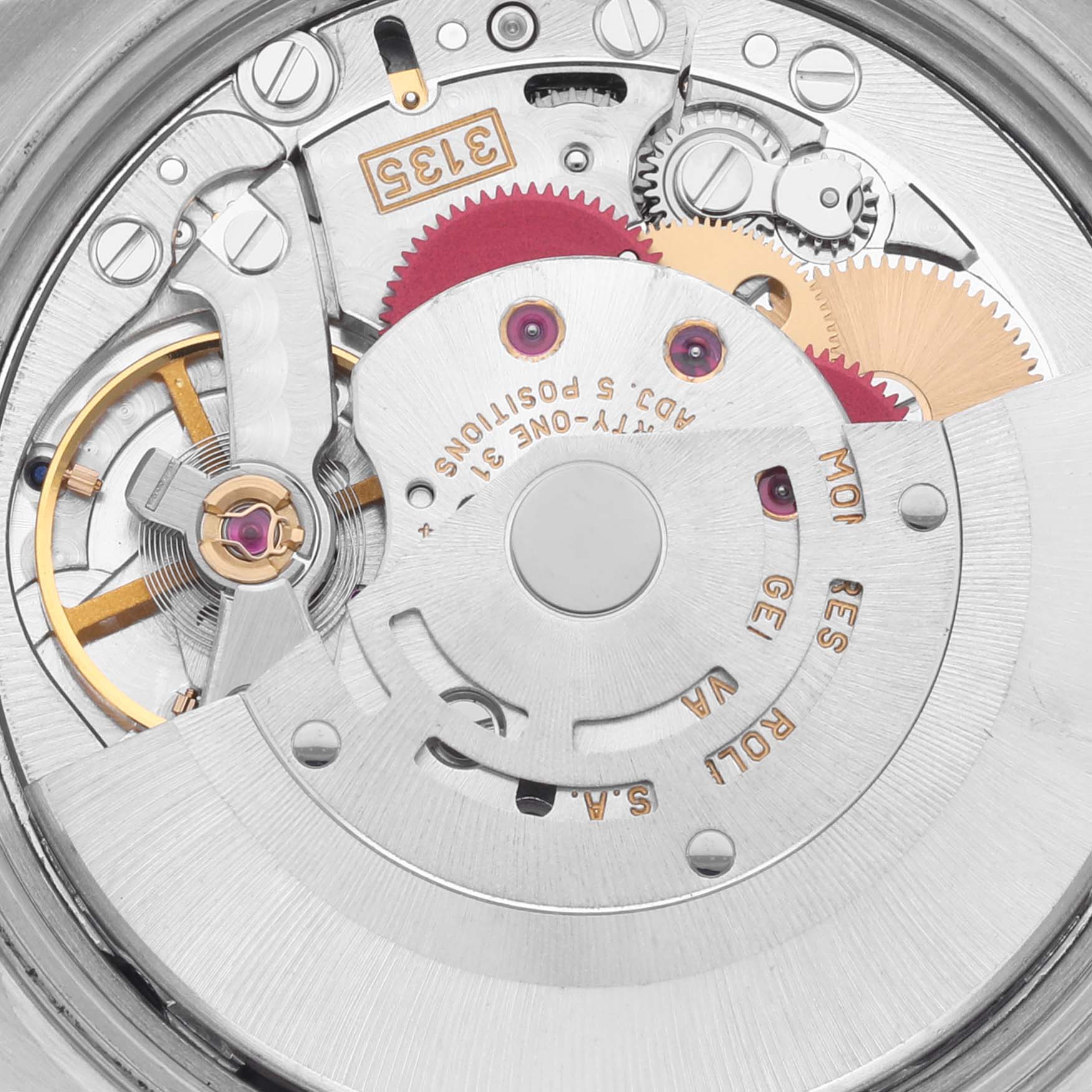 This image shows the intricate internal mechanism of a Rolex Date 15210 Men's Stainless Steel Blue Dial 15210 Men's Stainless Steel Blue Dial model from a top-down angle, highlighting gears and components.
