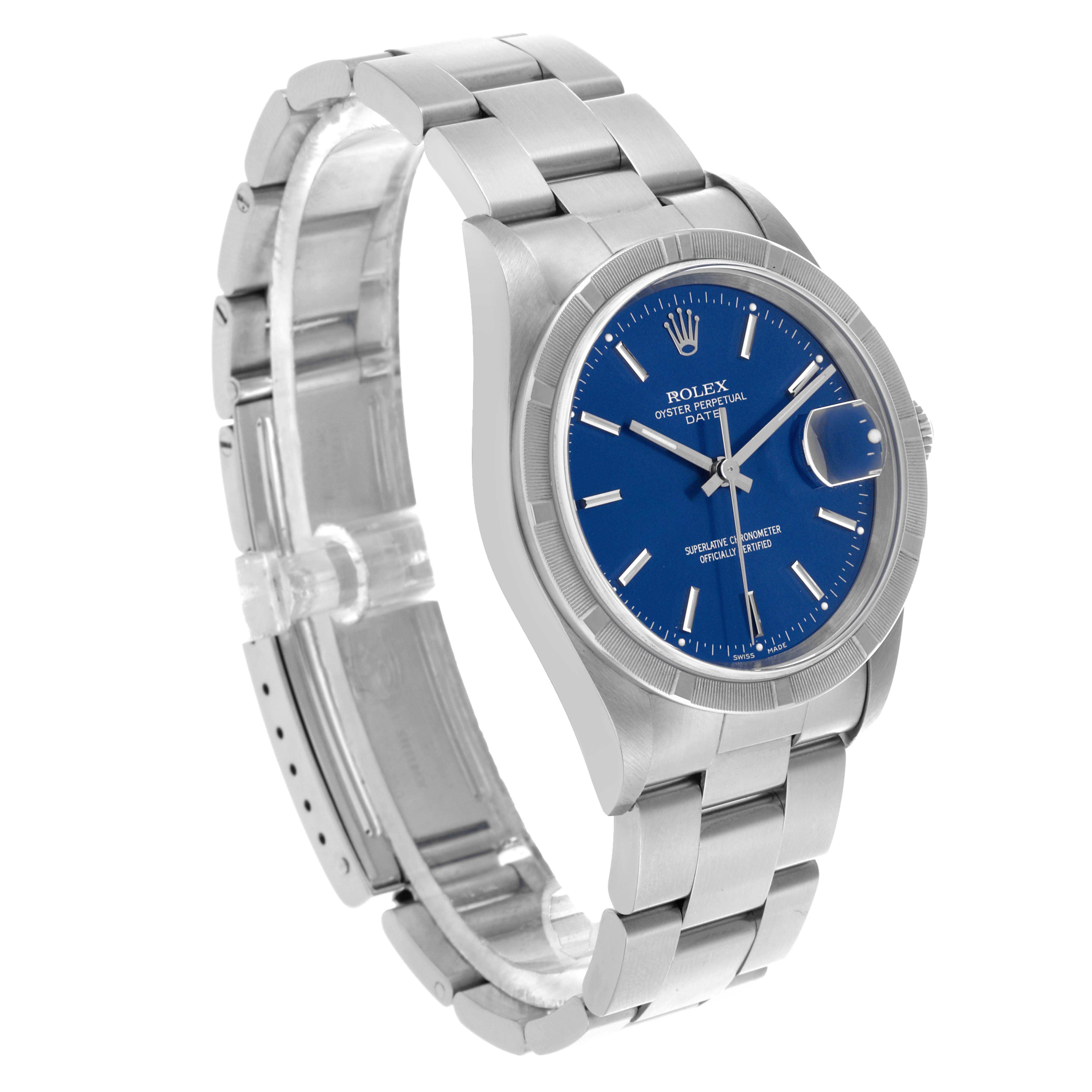 The Rolex Date 15210 Men's Stainless Steel Blue Dial 15210 Men's Stainless Steel Blue Dial model is shown at a three-quarter angle, displaying the dial, bezel, crown, and bracelet.