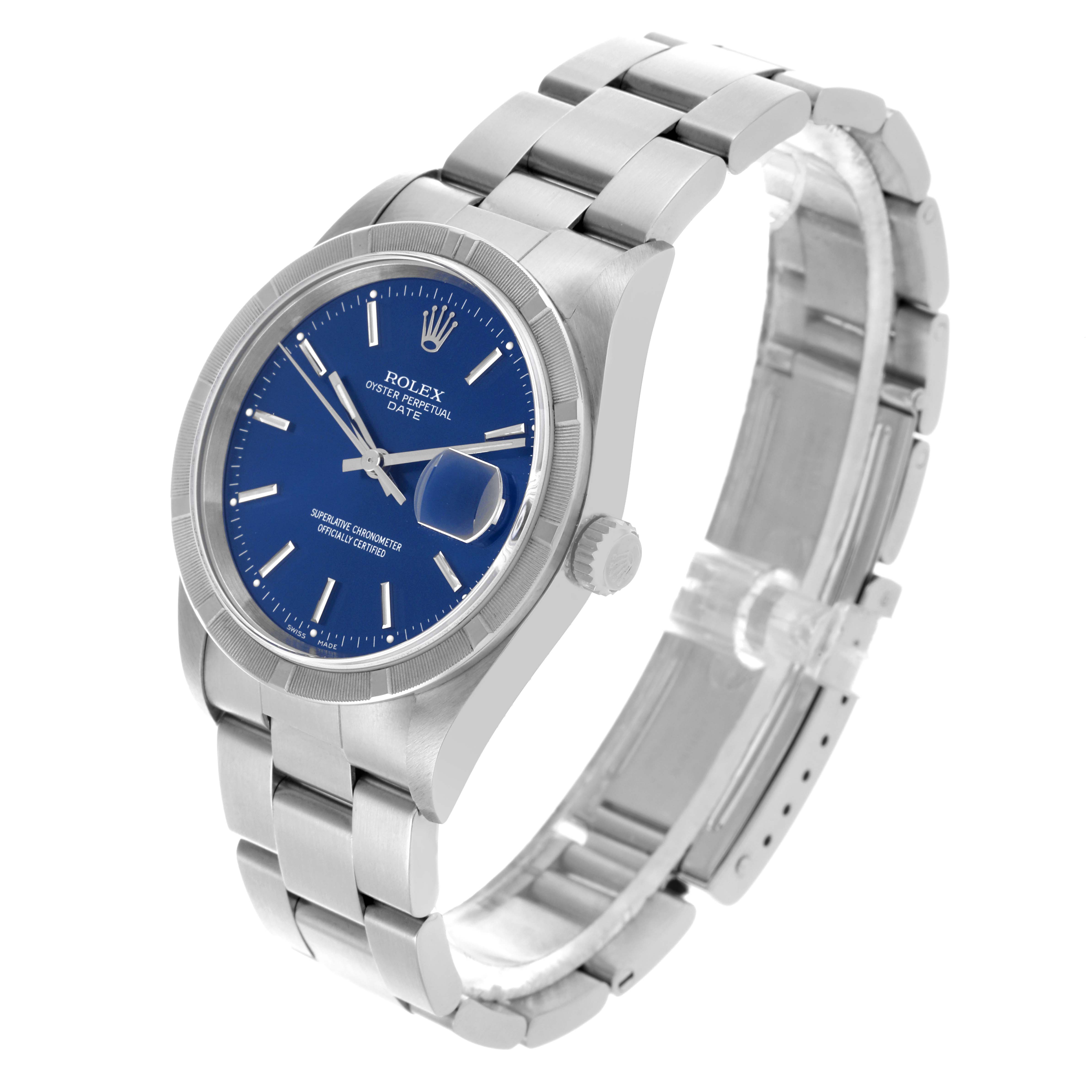 The Rolex Date 15210 Men's Stainless Steel Blue Dial 15210 Men's Stainless Steel Blue Dial is shown at an angle displaying the dial, bezel, crown, and bracelet in a three-quarter view.