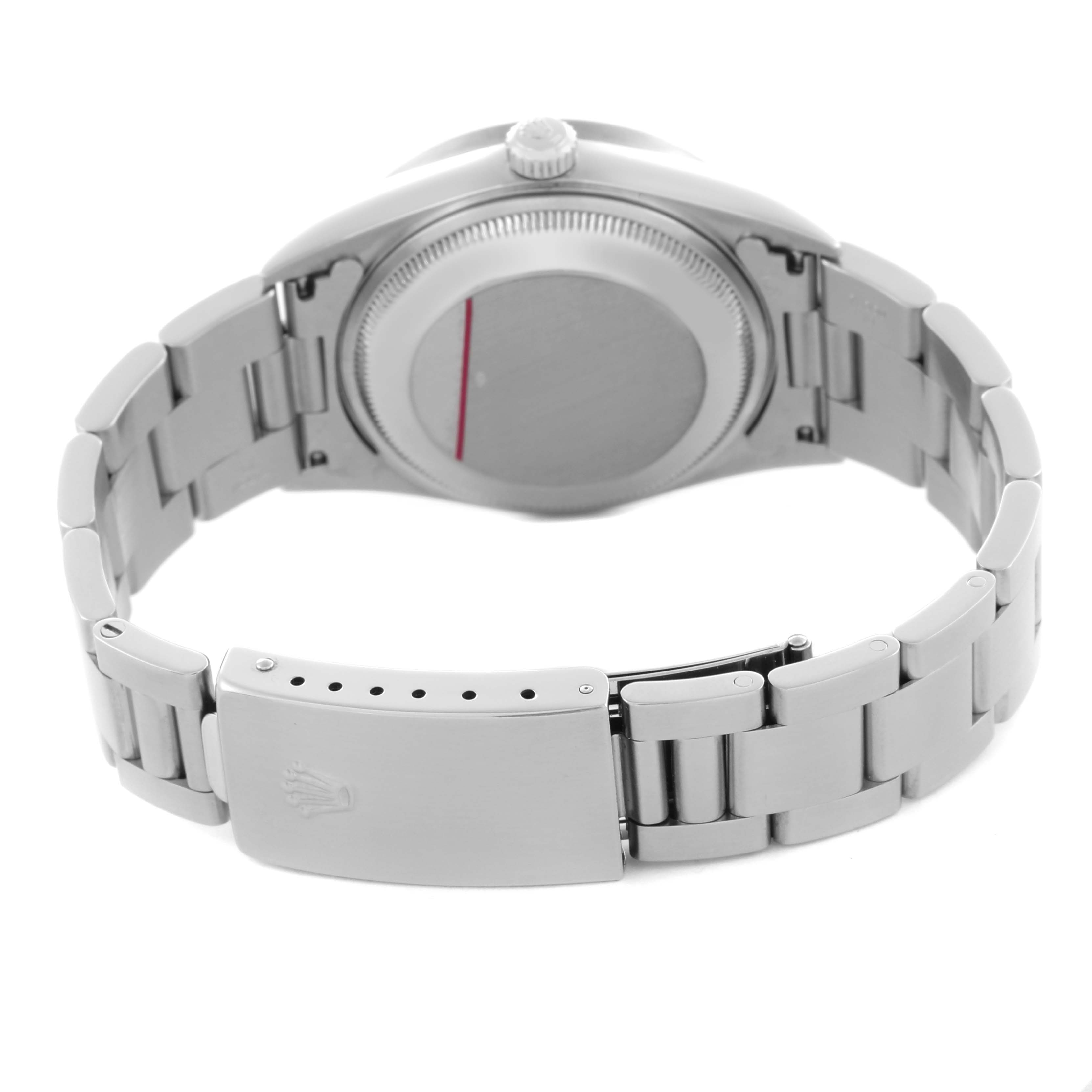 The image shows the back view of a Rolex Date 15210 Men's Stainless Steel Blue Dial 15210 Men's Stainless Steel Blue Dial watch, highlighting the case back, clasp, and bracelet.