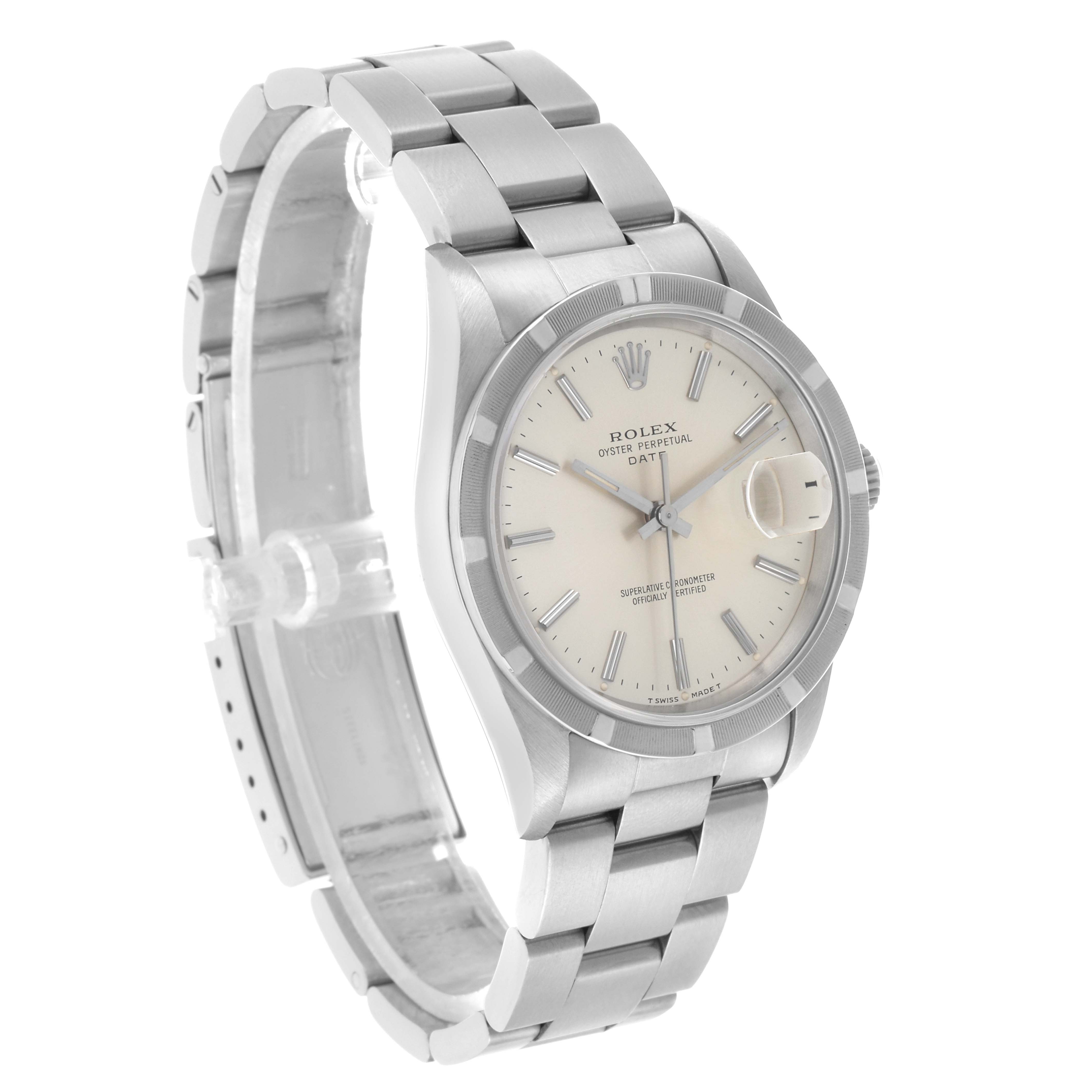 The Rolex Date 15210 Men's Stainless Steel Silver Dial watch is shown at a three-quarter angle, displaying the face, bracelet, and bezel.