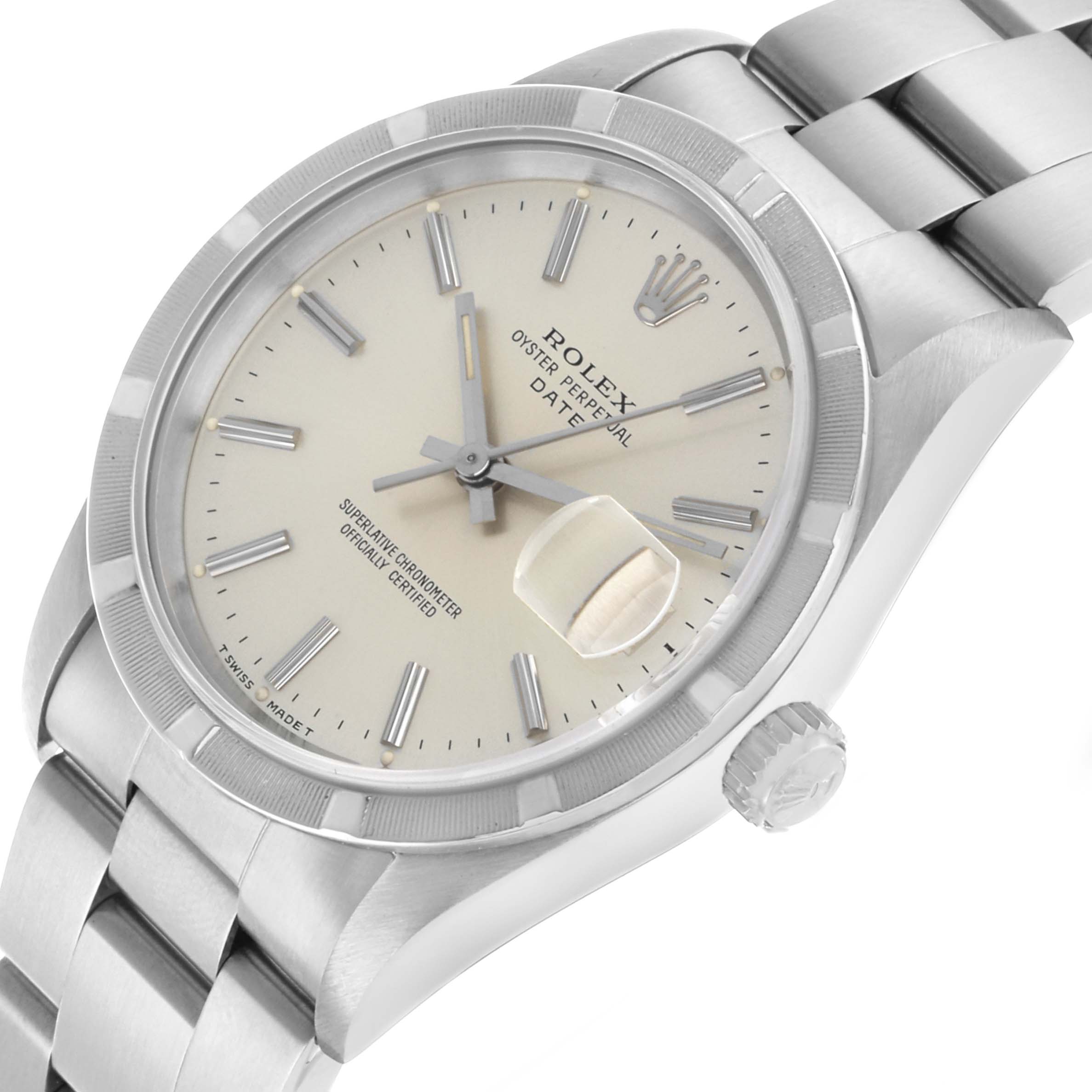 The Rolex Date 15210 Men's Stainless Steel Silver Dial model watch is shown at a slight angle highlighting the dial, bezel, crown, and part of the bracelet.