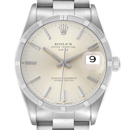The Rolex Date 15210 Men's Stainless Steel Silver Dial watch is shown from the front, highlighting the dial, hands, bezel, and bracelet.