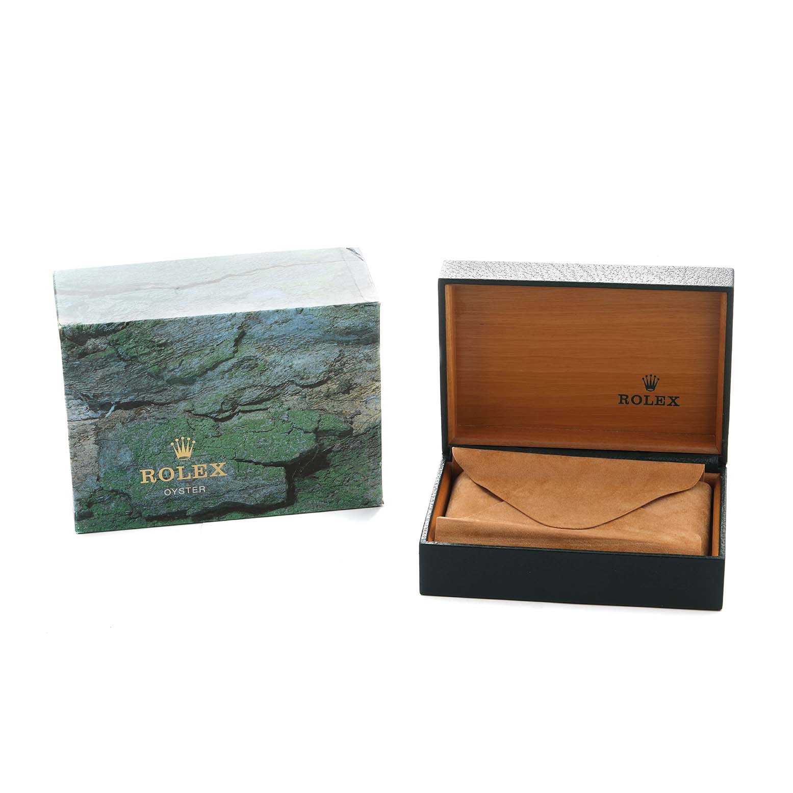 The image shows the packaging for a Rolex Date 15210 Men's Stainless Steel Silver Dial model, including a textured outer box and an open wooden inner box with a suede pouch.