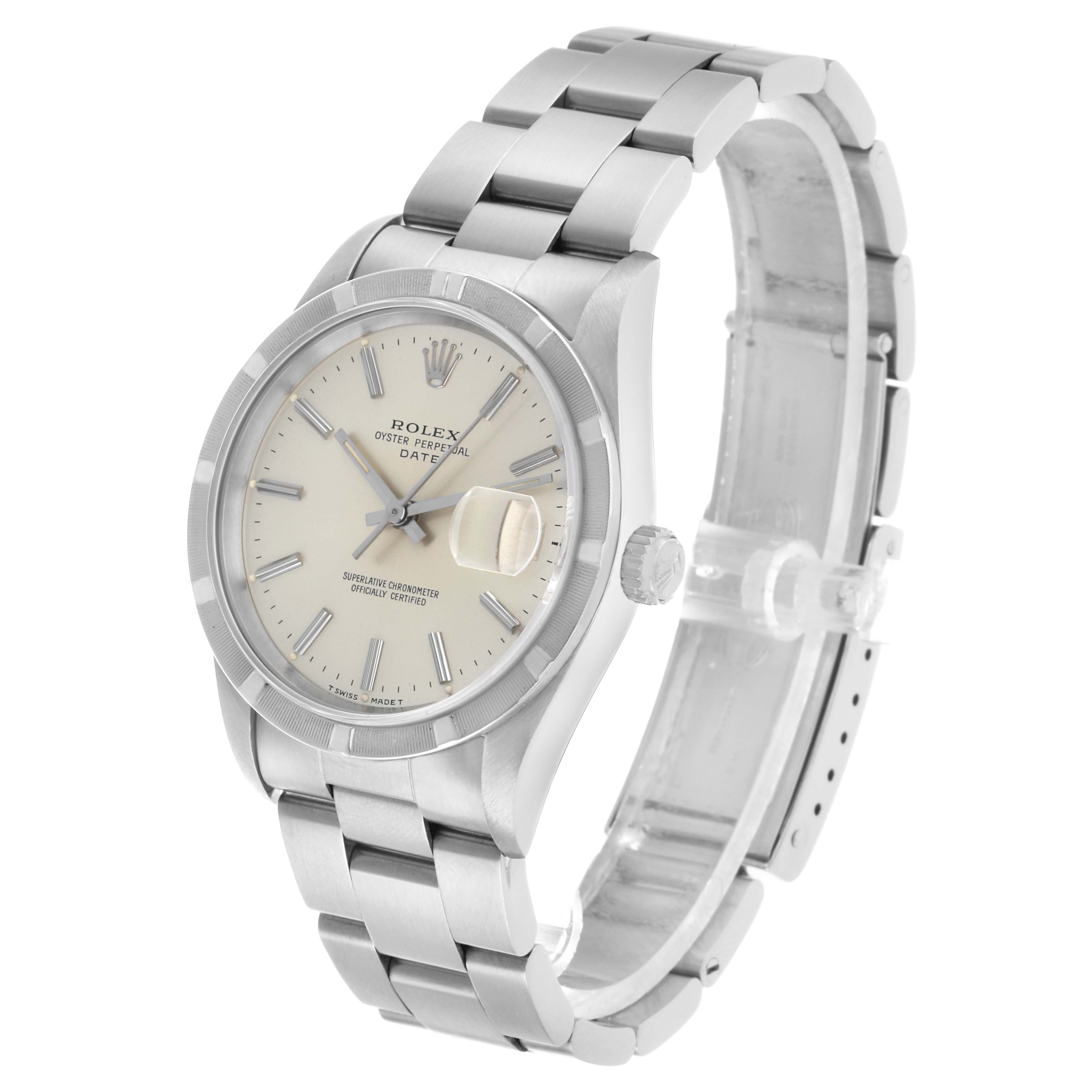The Rolex Date 15210 Men's Stainless Steel Silver Dial model is shown at a slight angle, displaying the face, bezel, bracelet, and crown.