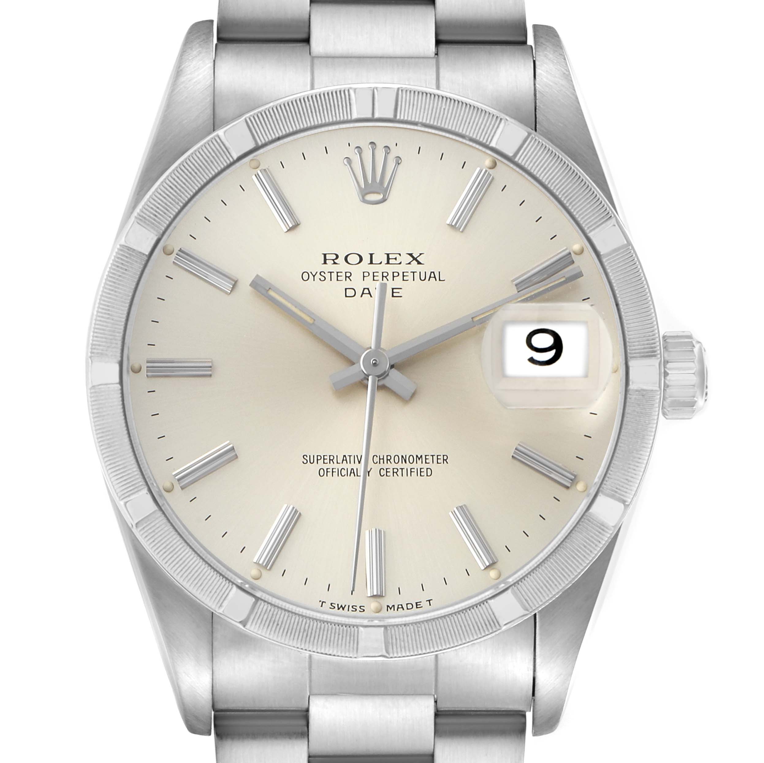 The Rolex Date 15210 Men's Stainless Steel Silver Dial model watch is shown from the front, displaying the dial, hands, date window, bezel, and partial bracelet.