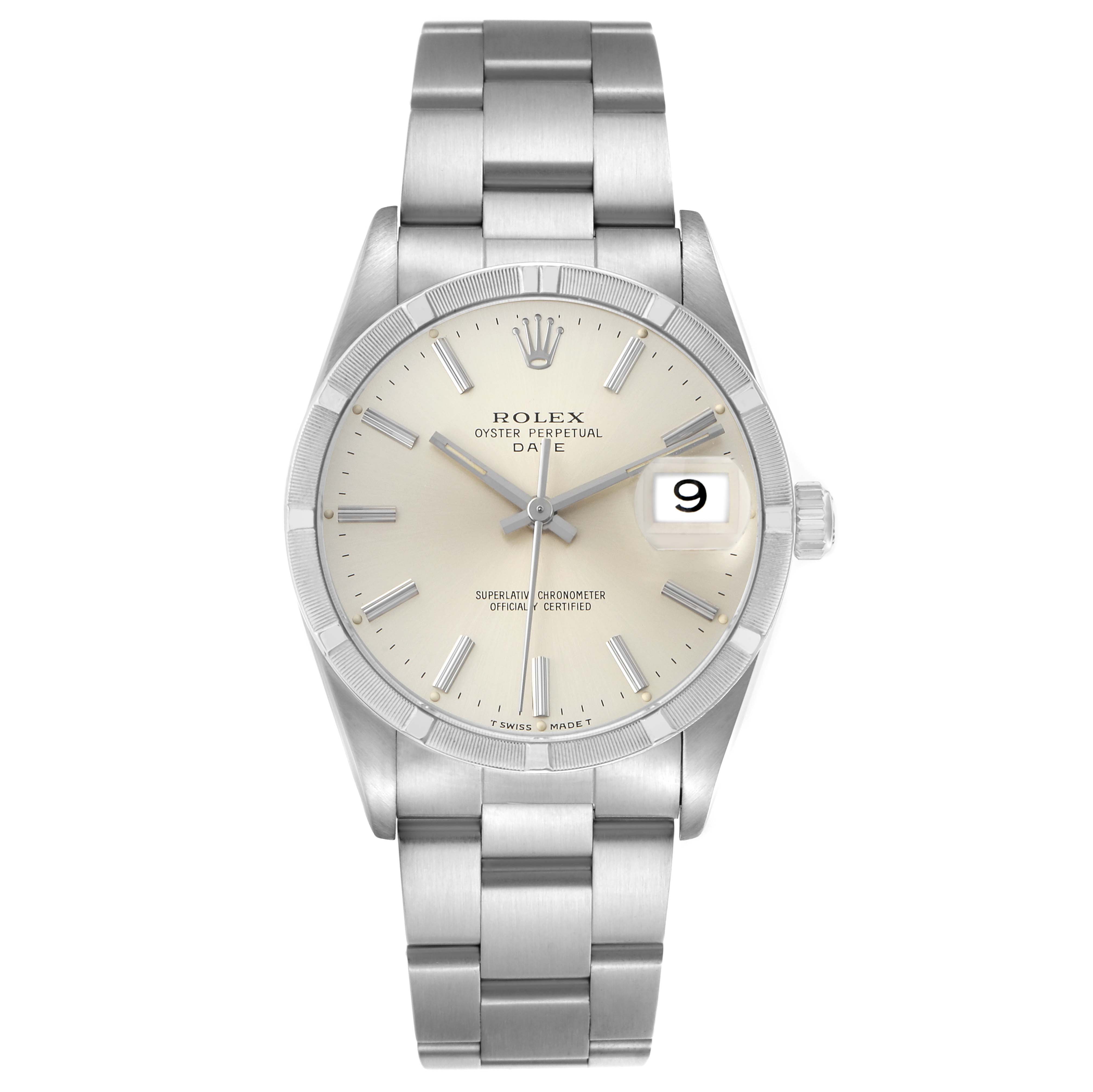 The Rolex Date 15210 Men's Stainless Steel Silver Dial watch is shown from a front angle, displaying the dial, hands, date window, and bracelet.