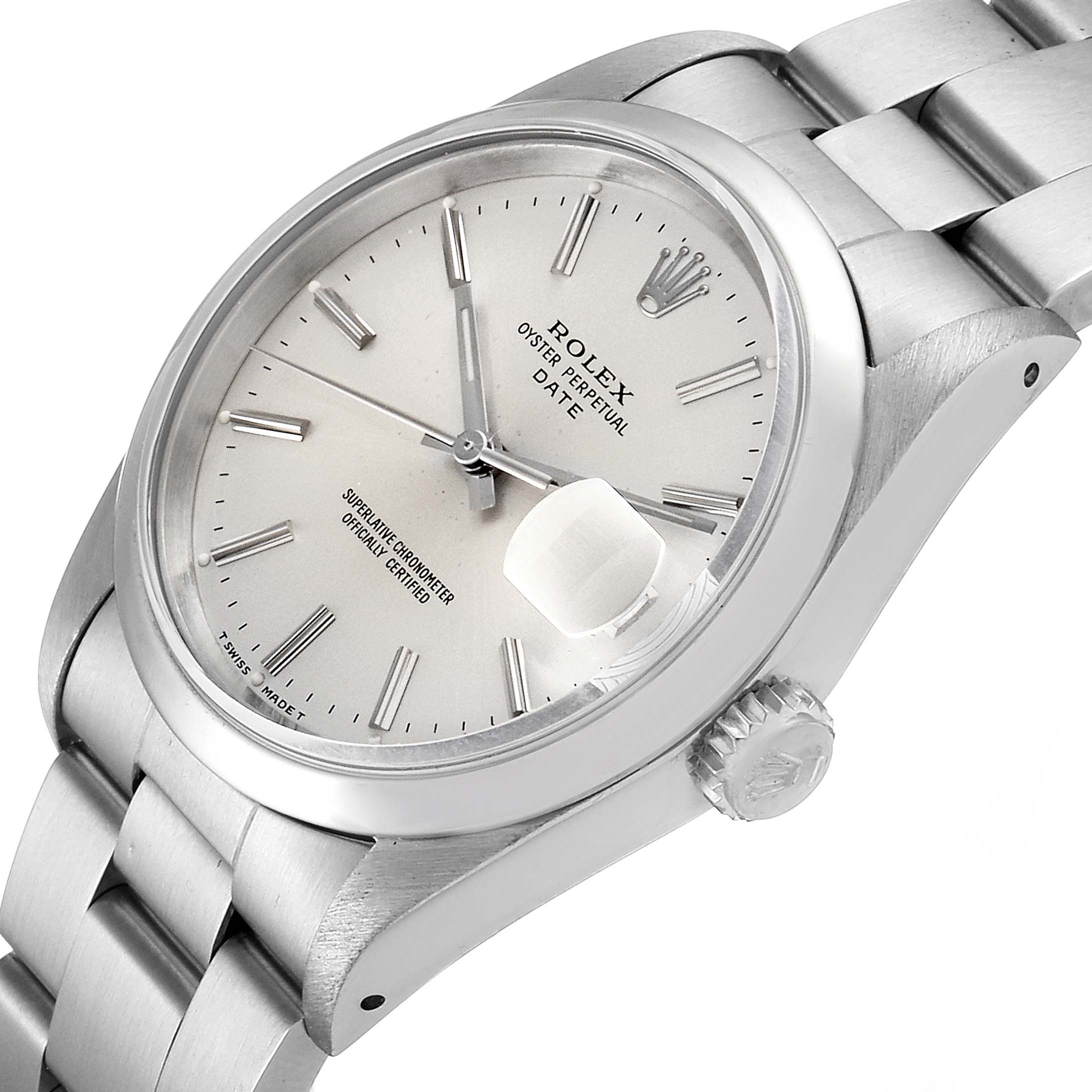 This image shows a side angle of the Rolex Oyster Perpetual Date watch, highlighting the face, bezel, bracelet, and crown.