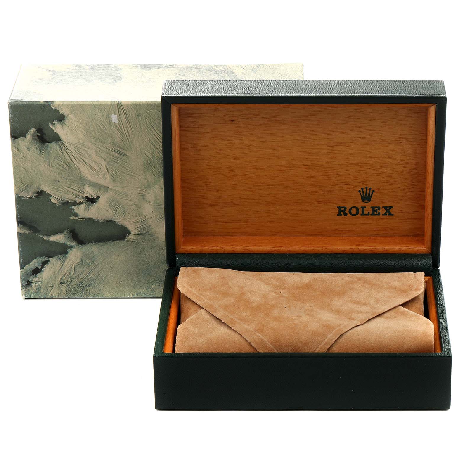 The image shows a Rolex Date 15200 Men's Stainless Steel Silver Dial 15200 Men's Stainless Steel Silver Dial model watch box and a suede pouch inside the open box.