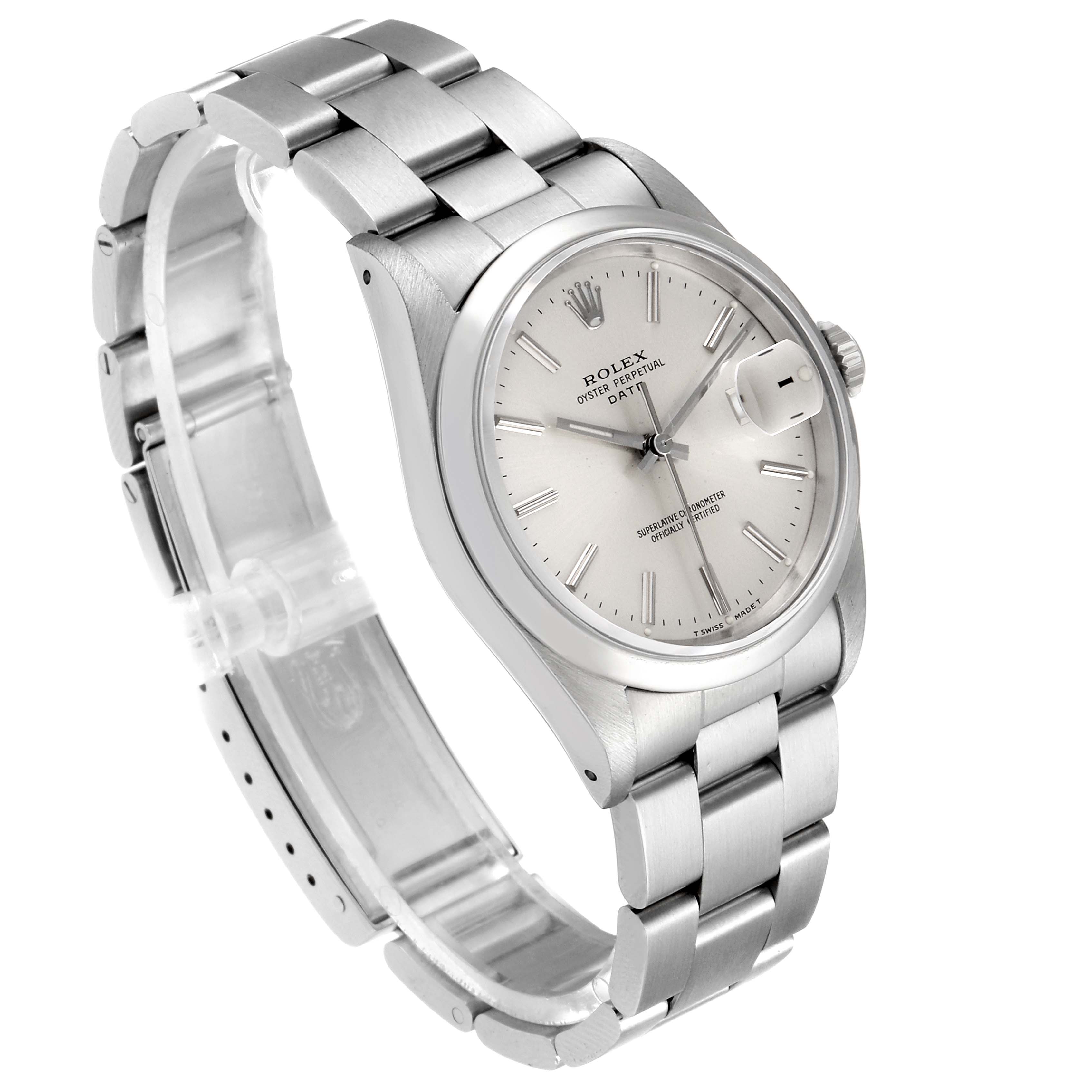 The image shows a side angle of the Rolex Date 15200 Men's Stainless Steel Silver Dial 15200 Men's Stainless Steel Silver Dial model watch, highlighting its face, bracelet, and crown.