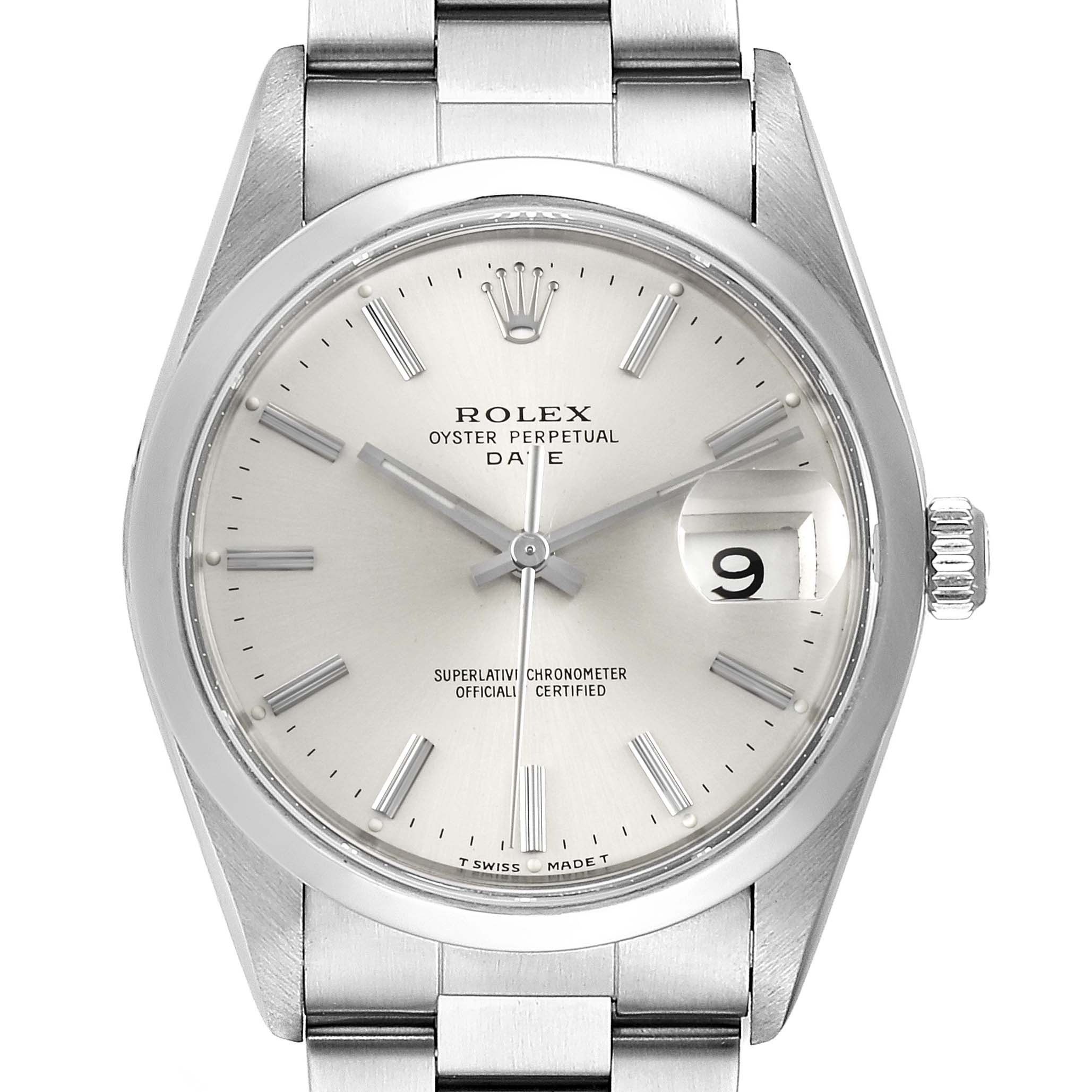 This is a close-up view of a Rolex Date 15200 Men's Stainless Steel Silver Dial 15200 Men's Stainless Steel Silver Dial model watch, showing the face, crown, and part of the stainless steel bracelet.