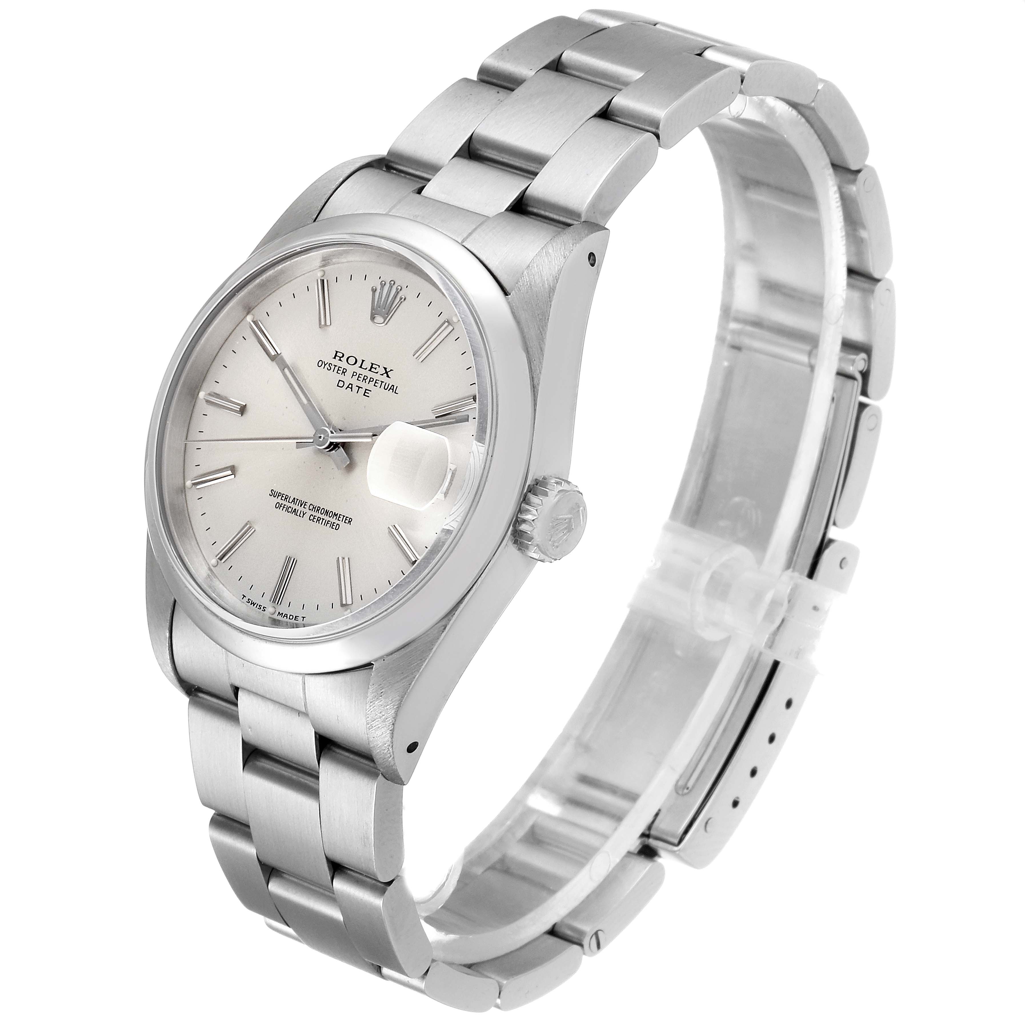 The image shows a Rolex Date 15200 Men's Stainless Steel Silver Dial 15200 Men's Stainless Steel Silver Dial model watch at an oblique angle, highlighting its face, bezel, crown, and bracelet.
