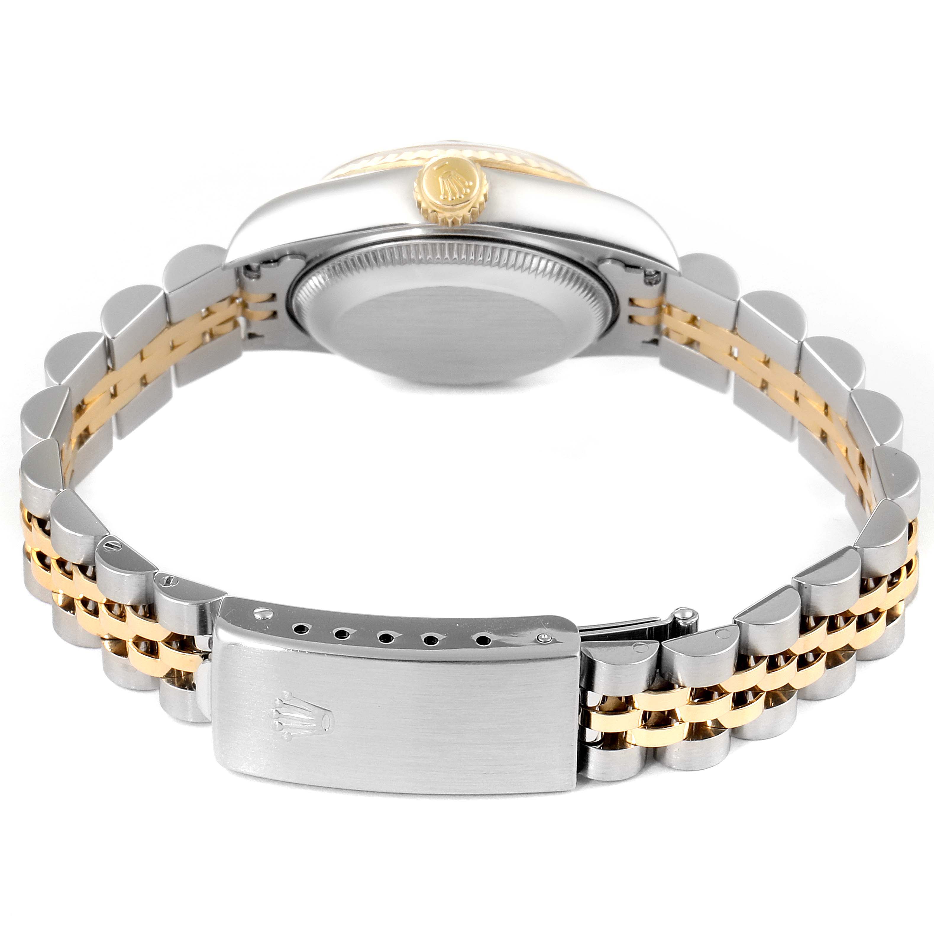 This image shows the underside of the Rolex Datejust 69173 Women's Steel and Gold (two tone) Blue Dial 69173 Women's Steel and Gold (two tone) Blue Dial model watch, highlighting the bracelet, clasp, and case back.