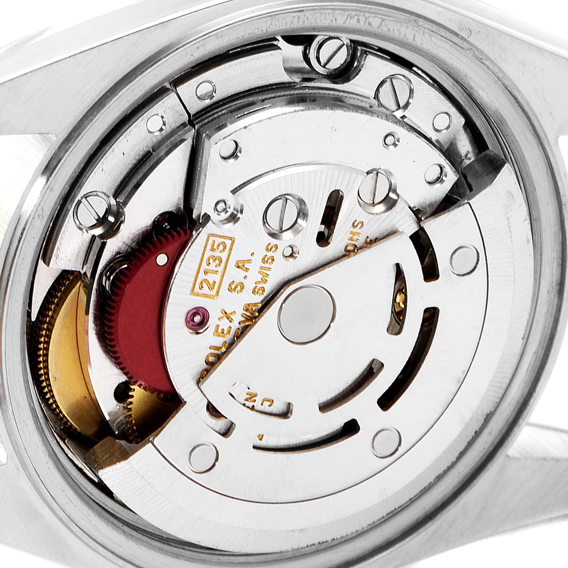 This image shows the internal mechanical movement of a Rolex Datejust 69173 Women's Steel and Gold (two tone) Blue Dial 69173 Women's Steel and Gold (two tone) Blue Dial watch from a close-up angle.