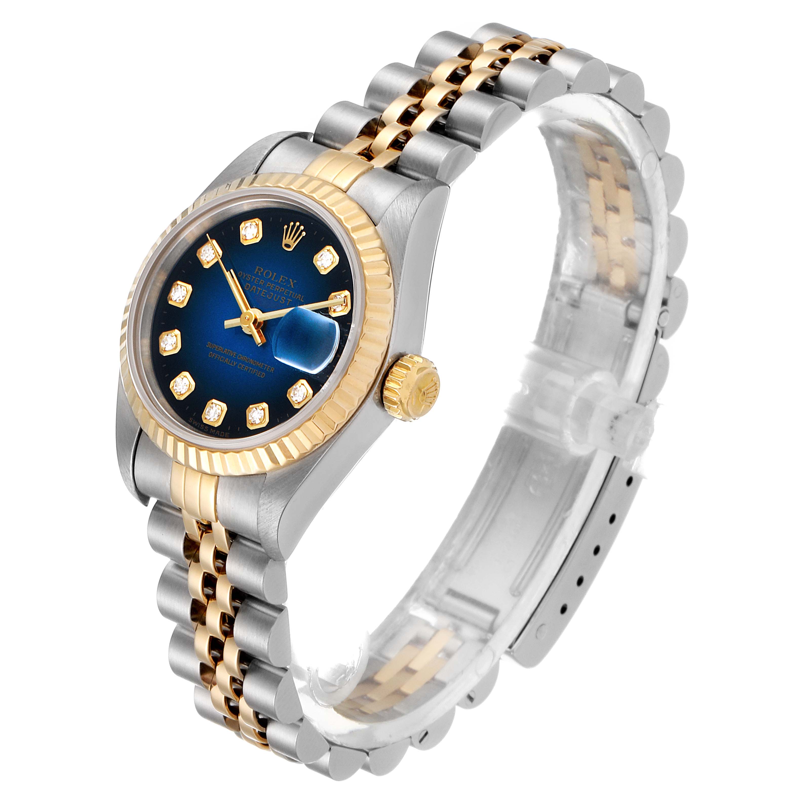 This image displays a Rolex Datejust 69173 Women's Steel and Gold (two tone) Blue Dial 69173 Women's Steel and Gold (two tone) Blue Dial watch at a three-quarter angle, showcasing the face, bezel, and two-tone bracelet.