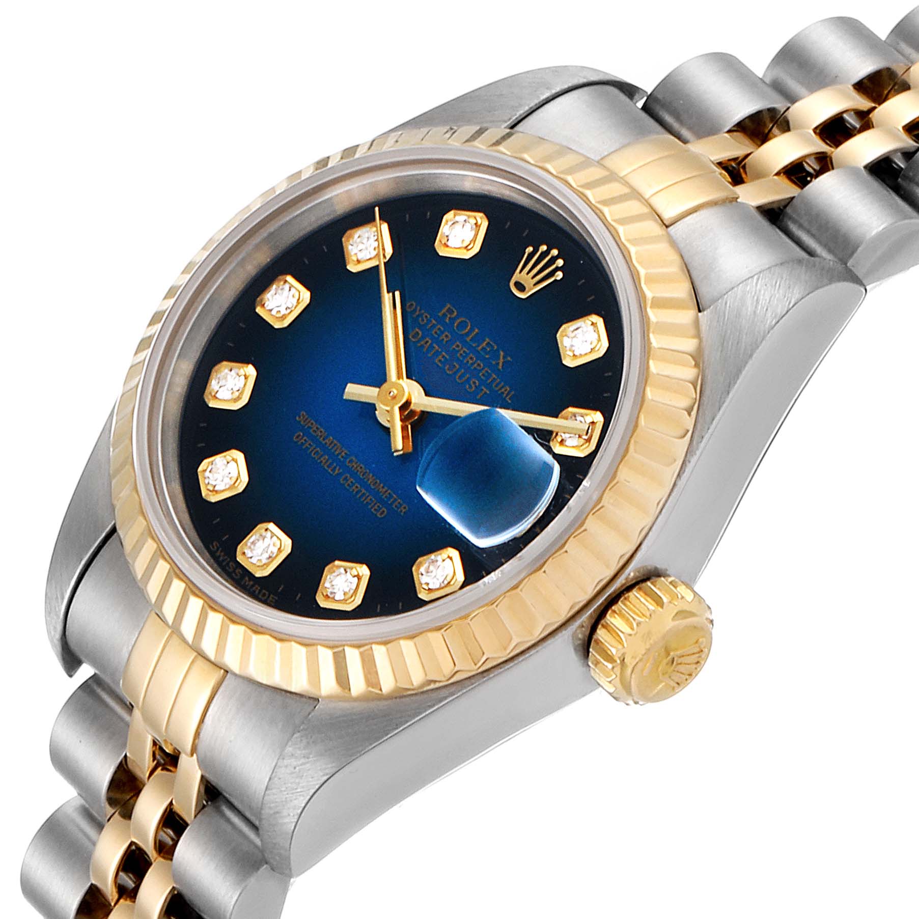 This image shows a Rolex Datejust 69173 Women's Steel and Gold (two tone) Blue Dial 69173 Women's Steel and Gold (two tone) Blue Dial watch at an oblique angle, highlighting its blue dial, fluted bezel, and two-tone bracelet.