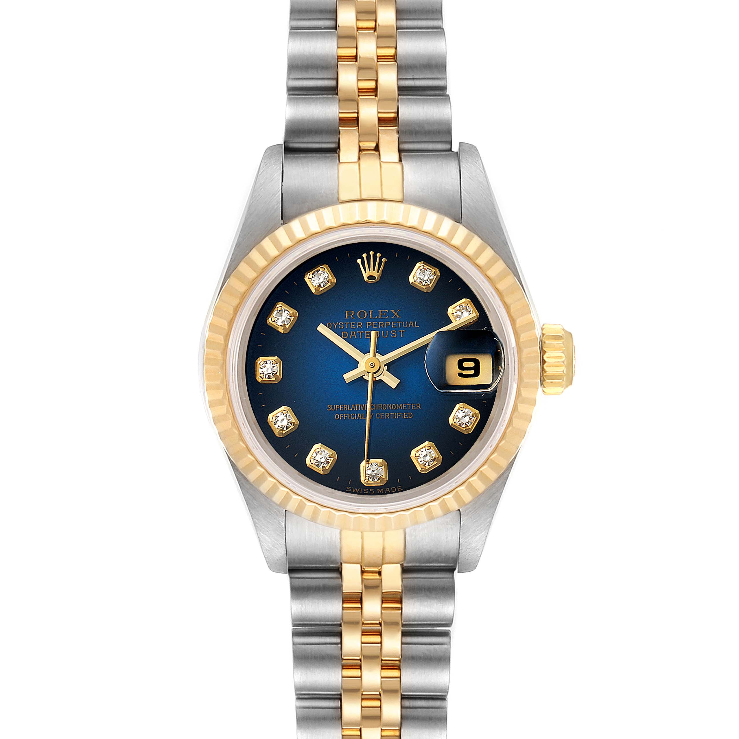 The Rolex Datejust 69173 Women's Steel and Gold (two tone) Blue Dial 69173 Women's Steel and Gold (two tone) Blue Dial watch is shown from a top-down angle, displaying the face, bezel, and part of the bracelet.