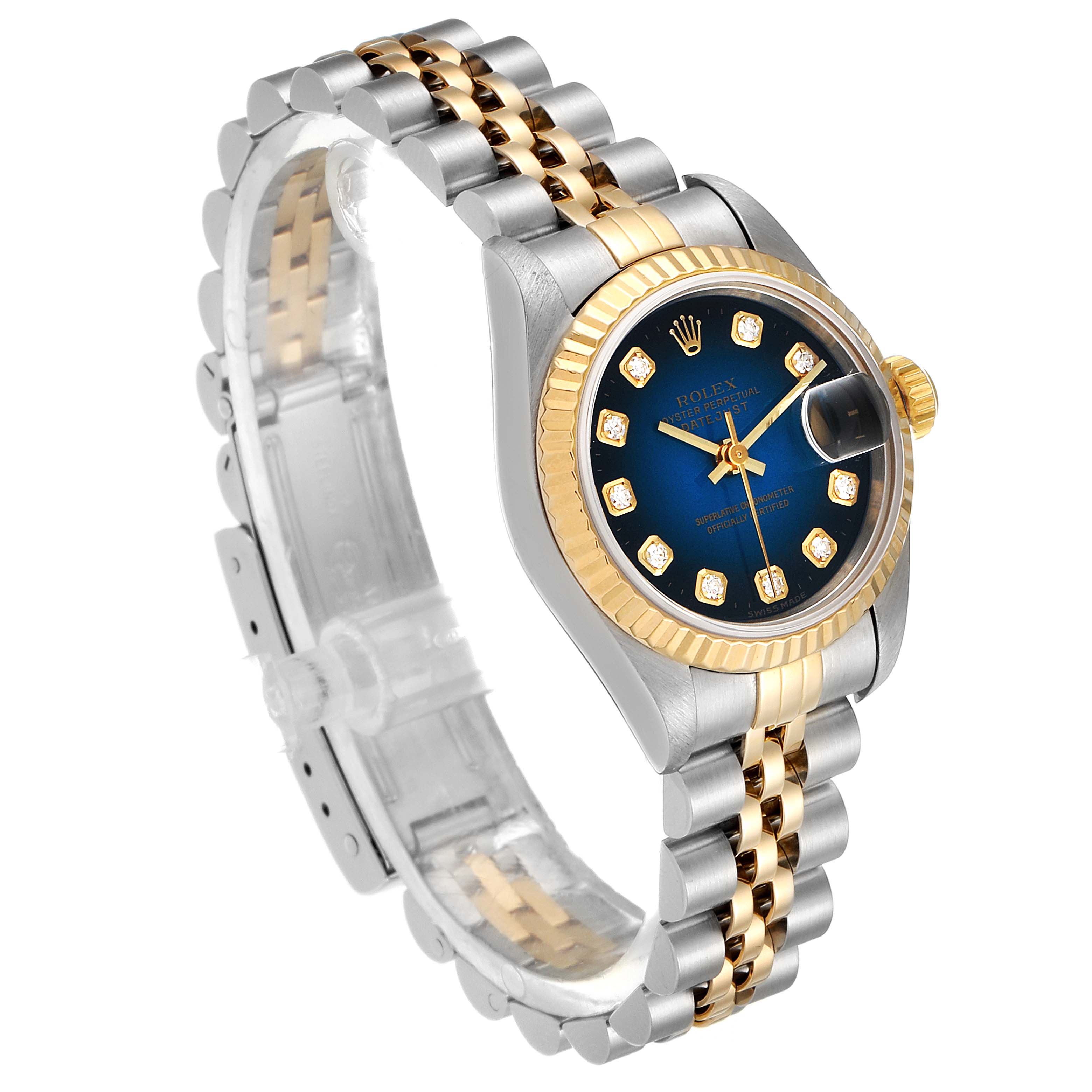 The image shows a Rolex Datejust 69173 Women's Steel and Gold (two tone) Blue Dial 69173 Women's Steel and Gold (two tone) Blue Dial watch at an angled view, highlighting the face, bezel, and two-tone bracelet.