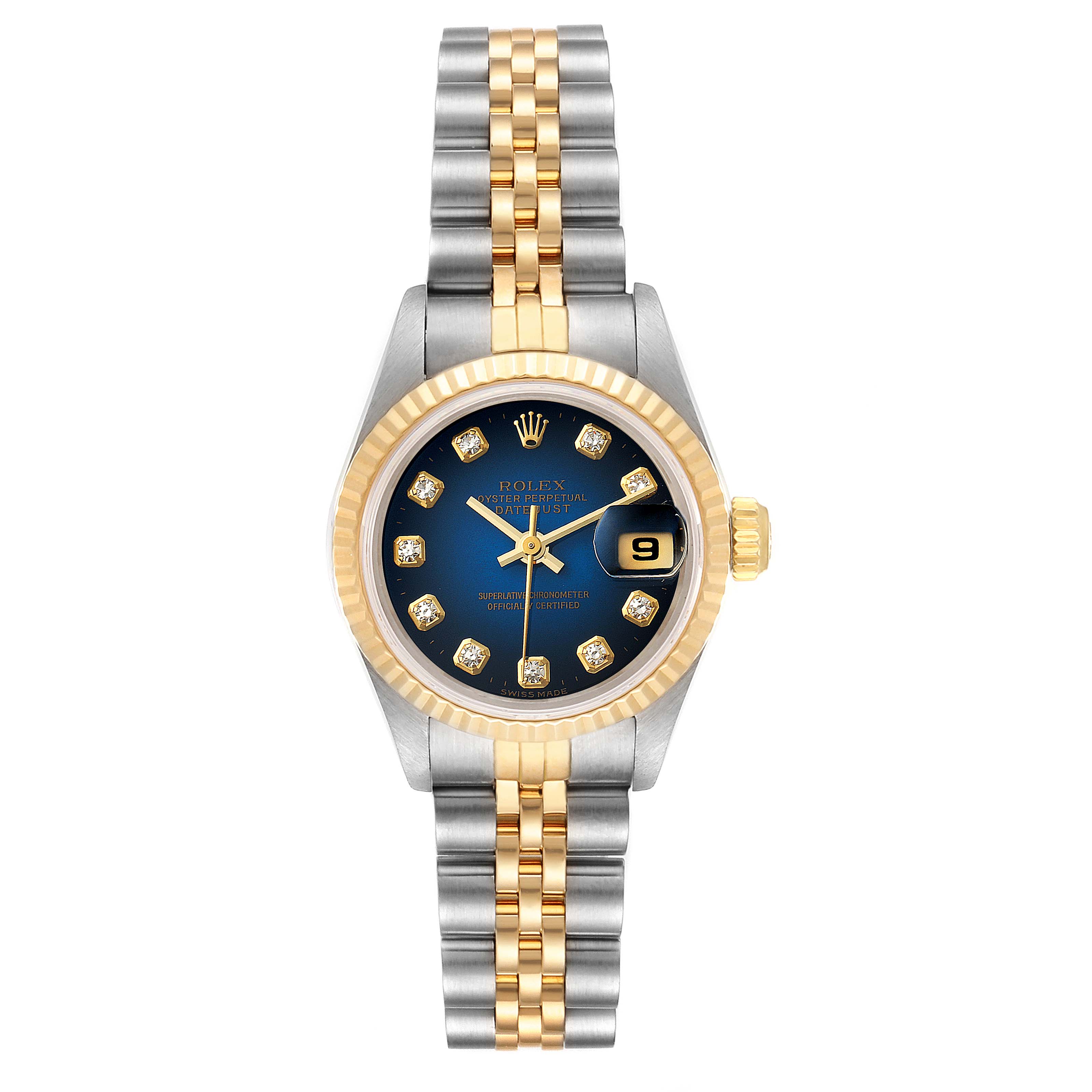 The image shows a front view of a Rolex Datejust 69173 Women's Steel and Gold (two tone) Blue Dial 69173 Women's Steel and Gold (two tone) Blue Dial watch, showcasing its dial, bezel, and two-tone bracelet.