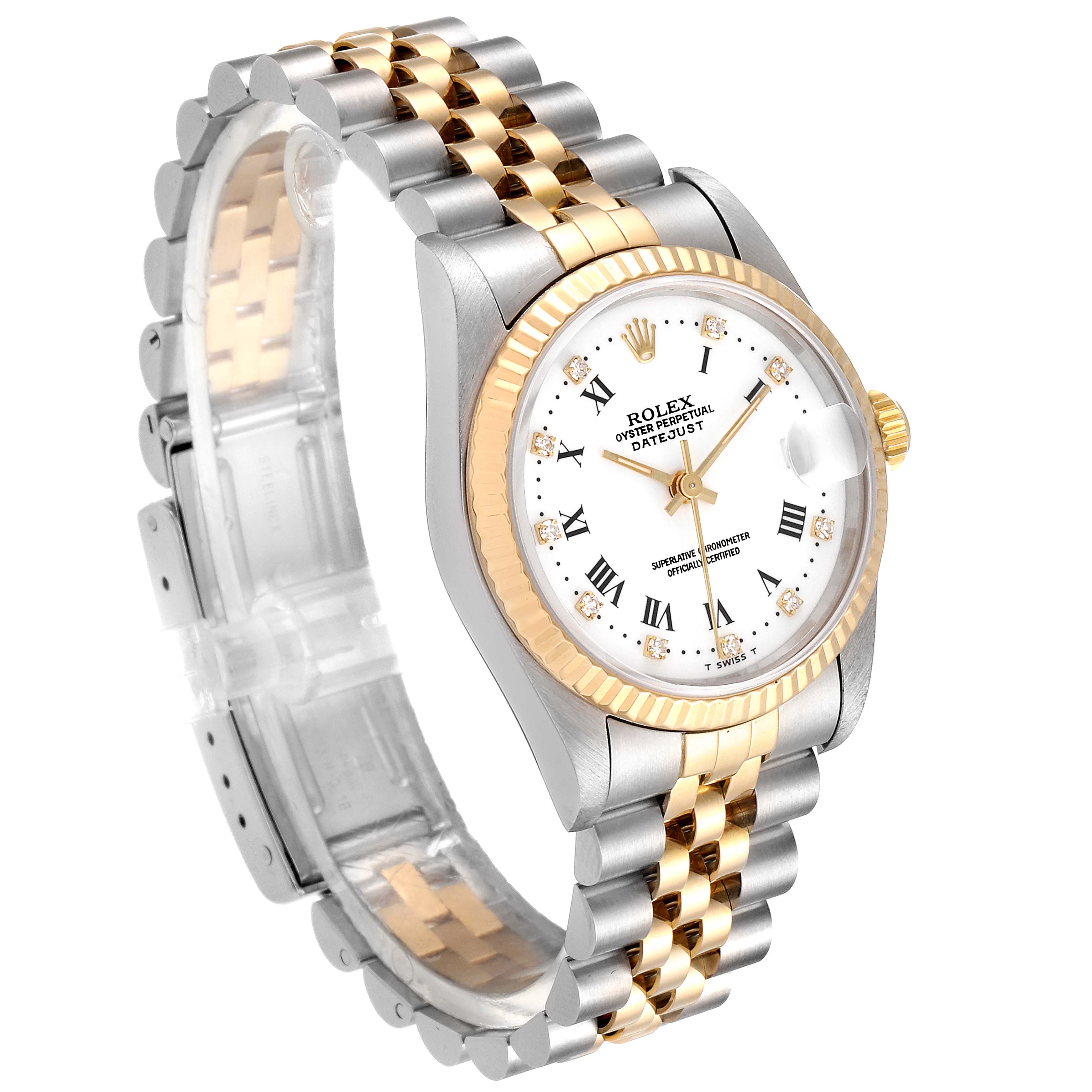 The image shows a Rolex Datejust 68273 Women
s Steel and Gold (two tone) White Dial 68273 Women
s Steel and Gold (two tone) White Dial watch at a three-quarter angle focusing on the face, bezel, and bracelet.