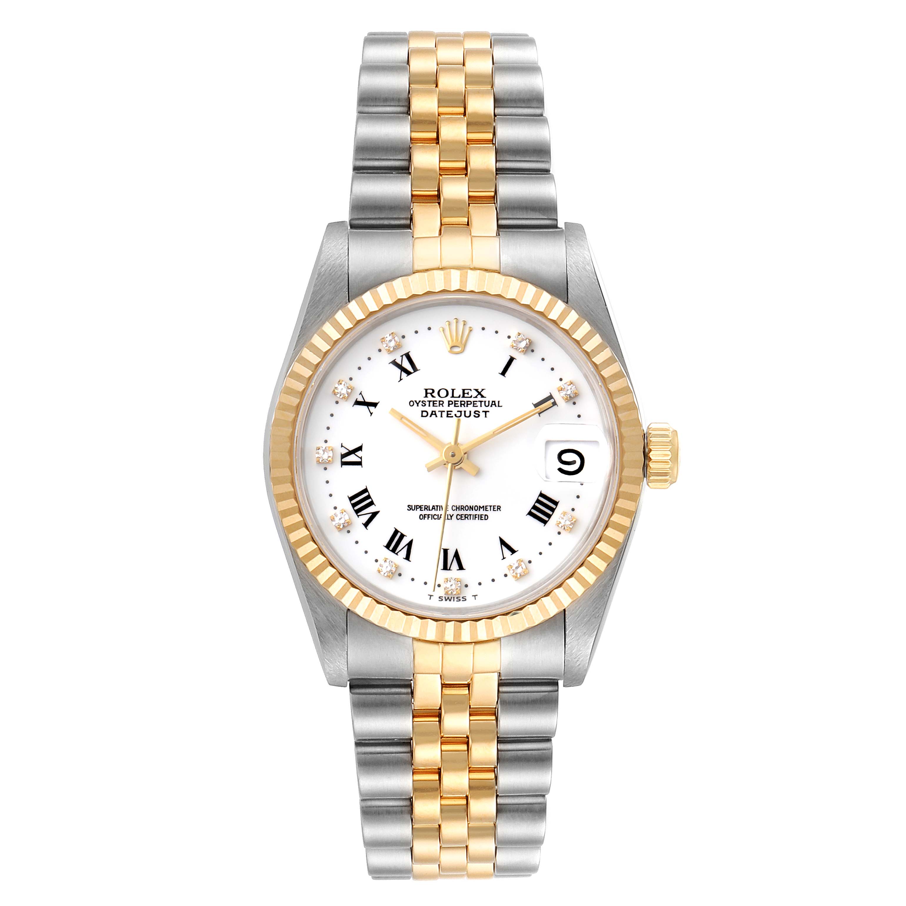 The image shows a front angle of a Rolex Datejust 68273 Women
s Steel and Gold (two tone) White Dial 68273 Women
s Steel and Gold (two tone) White Dial watch, highlighting the dial, bezel, and bracelet.