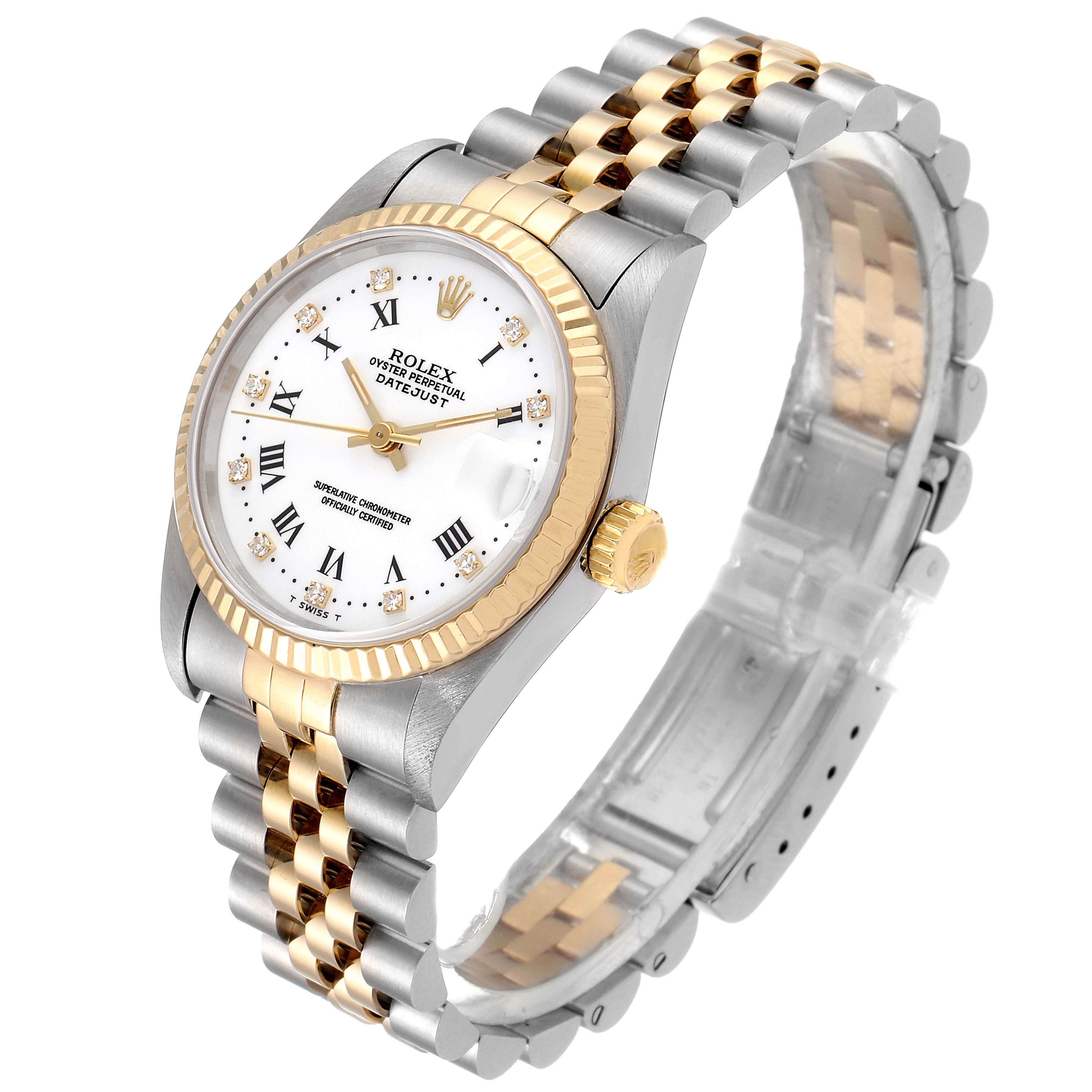 This image shows a Rolex Datejust 68273 Women
s Steel and Gold (two tone) White Dial 68273 Women
s Steel and Gold (two tone) White Dial watch at an angled side view, highlighting the dial, bezel, crown, and bracelet.