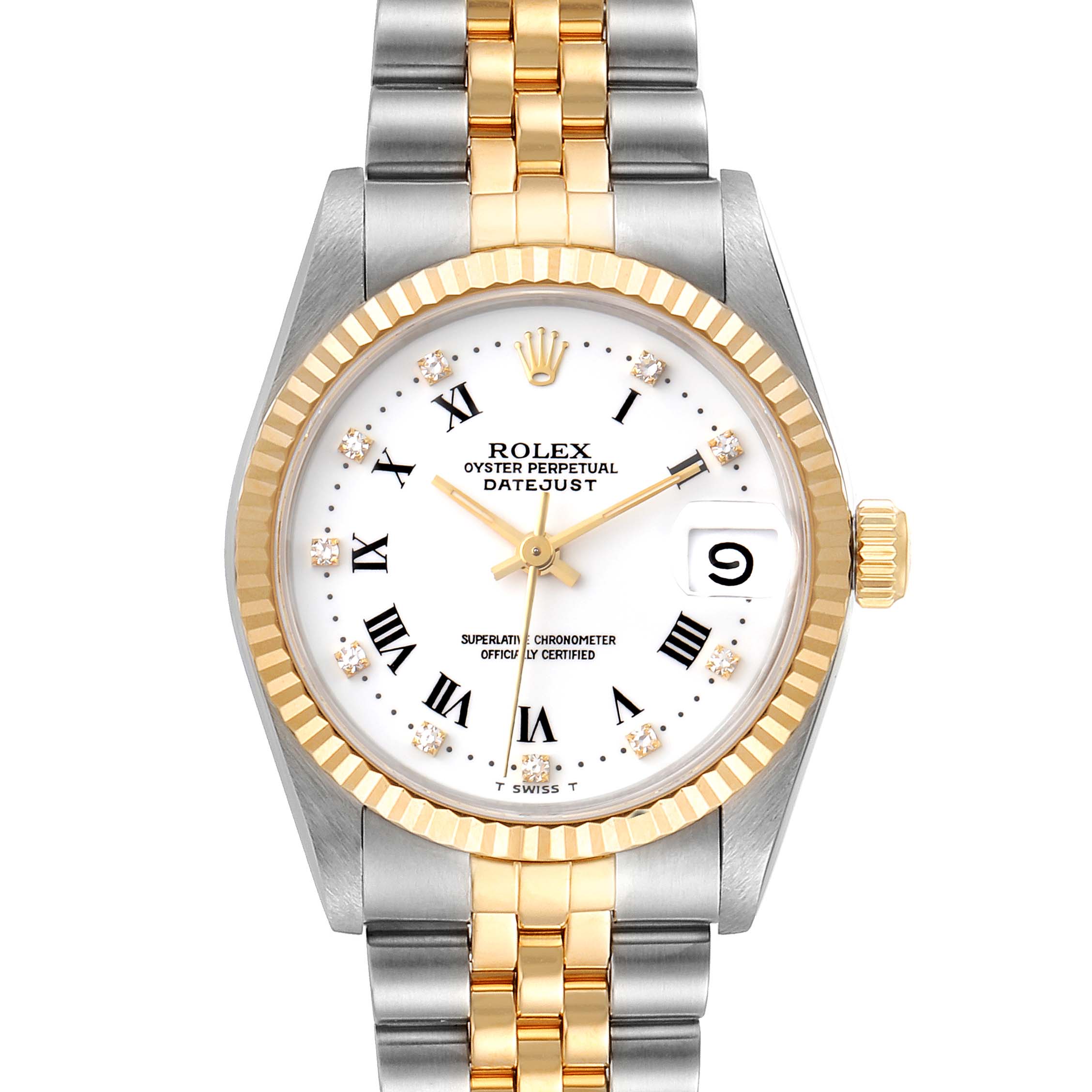 This Rolex Datejust 68273 Women
s Steel and Gold (two tone) White Dial 68273 Women
s Steel and Gold (two tone) White Dial watch is shown from a top-down angle, displaying the face, bezel, and part of the bracelet.