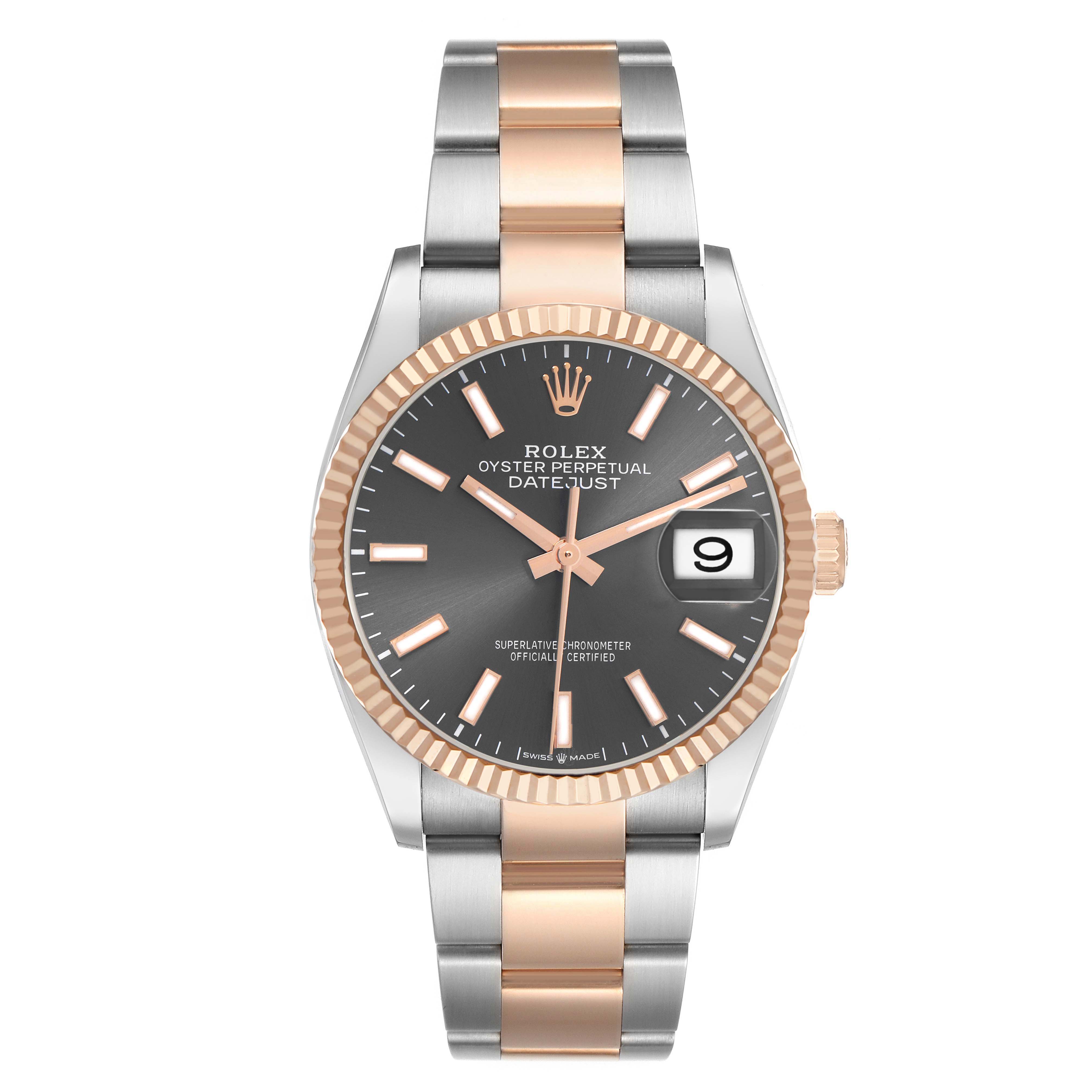 The Rolex Datejust 126231 Men's Stainless Steel Grey Dial watch is shown from a front angle, displaying the dial, fluted bezel, and two-tone bracelet.