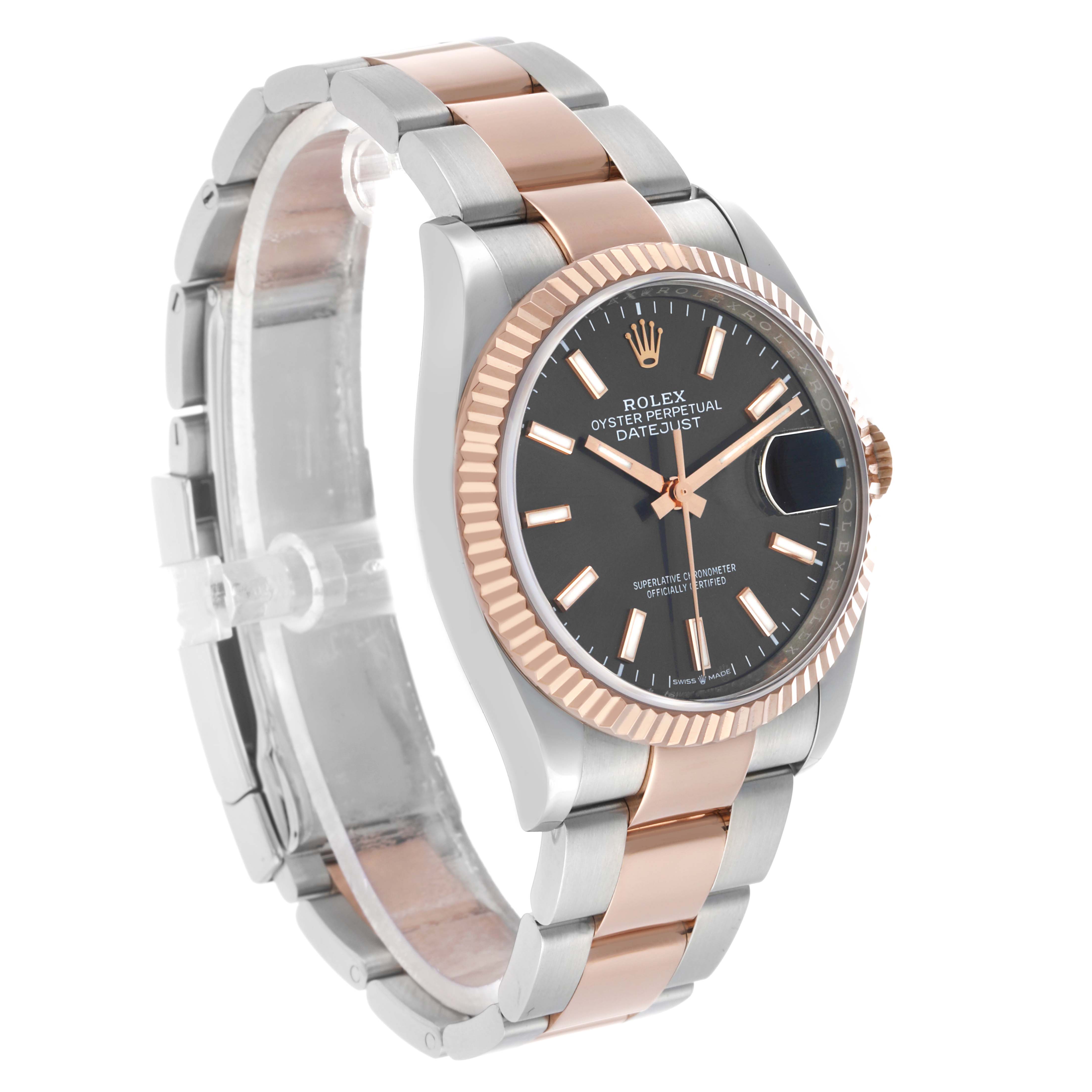 The Rolex Datejust 126231 Men's Stainless Steel Grey Dial watch is shown at an angle displaying the bracelet, case, bezel, and face with its markers and date feature.