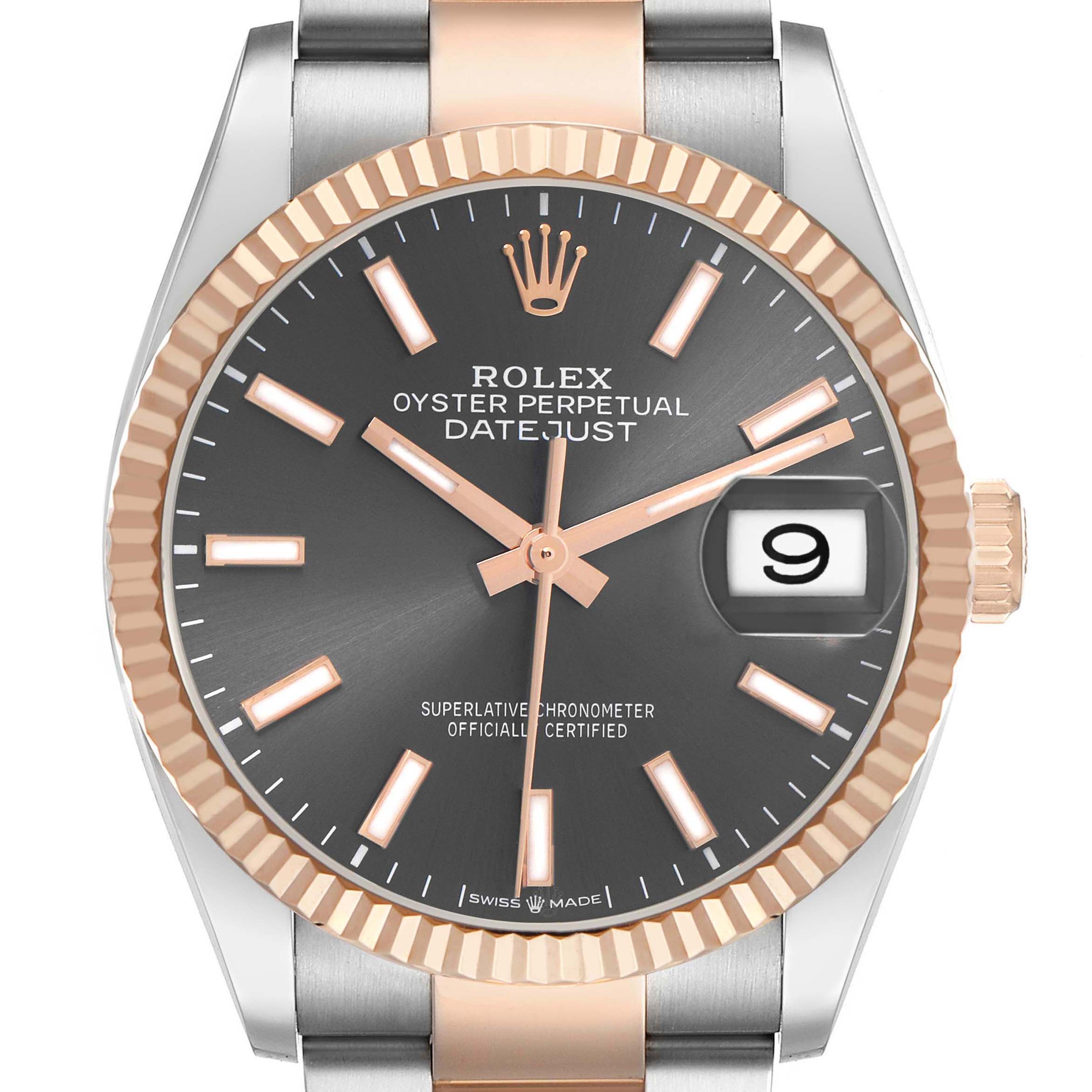 The Rolex Datejust 126231 Men's Stainless Steel Grey Dial watch is shown from the front, highlighting the dial, hands, crown, and fluted bezel.